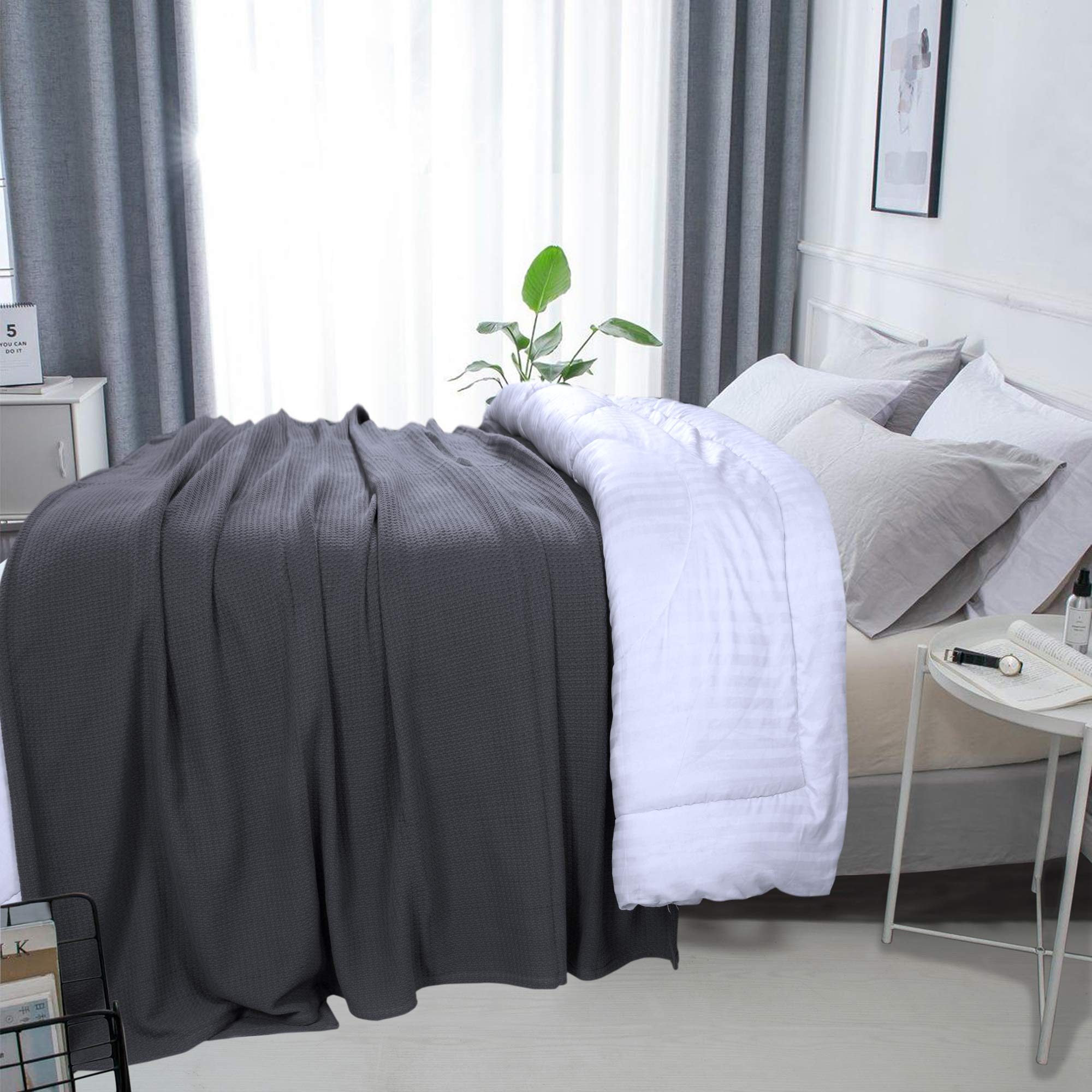 Premium 100% Cotton California King Size Blanket - Breathable & Lightweight Combed Cotton Bed Throw - All Season Grey Blanket (102