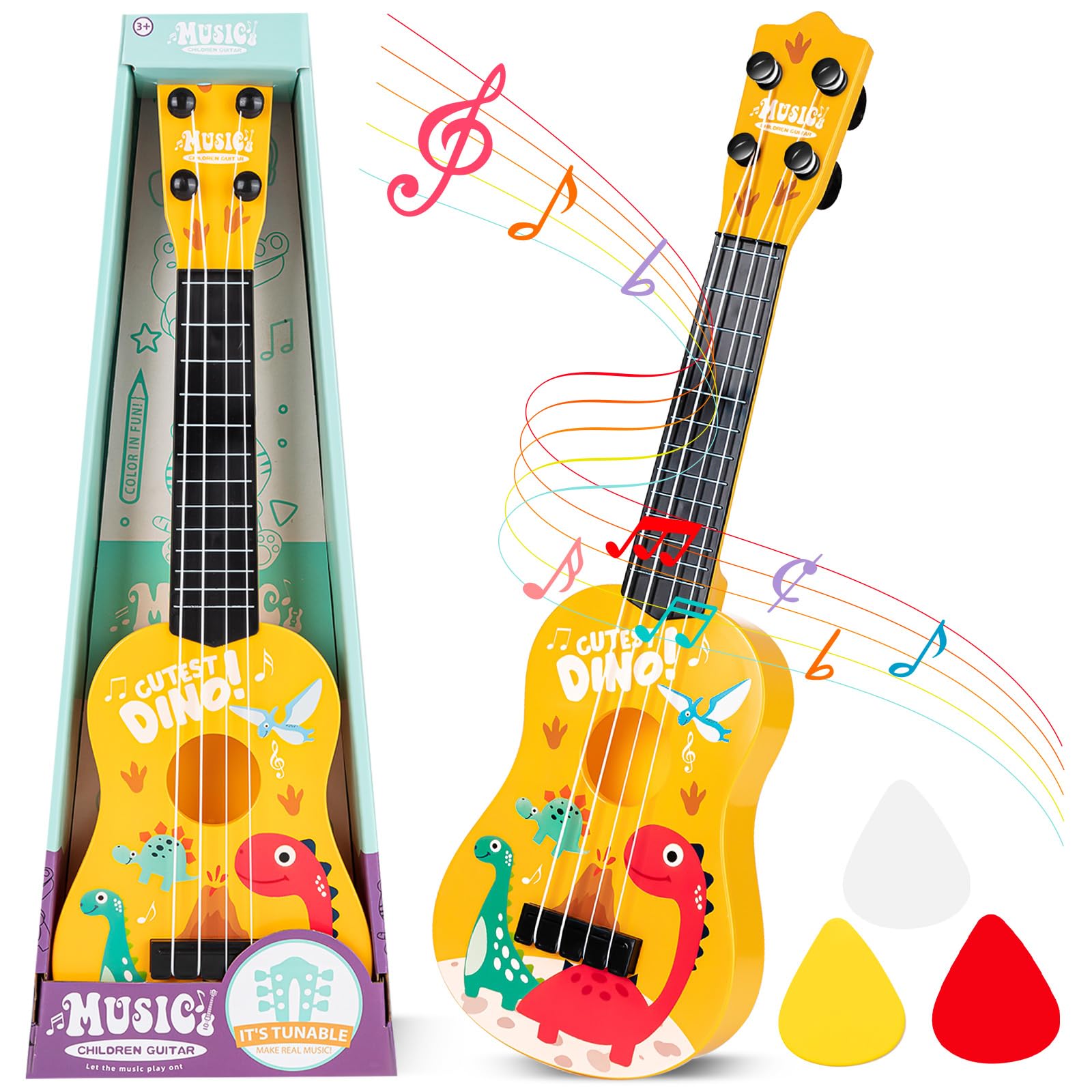**17 Inch Mini Guitar for Kids - 4 String Classical Toddler Ukulele, Beginner Musical Instrument & Educational Toy (Dinosaur Design) - Perfect for Birthday Parties, Learning & Playtime**