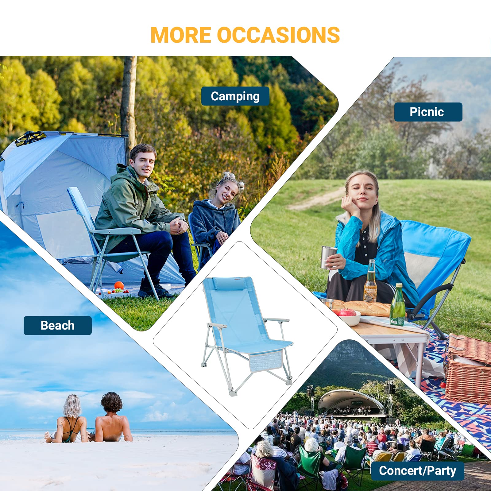 WEJOY 2 Pack Low Beach Chairs - Portable Folding High Back Lawn Chairs for Adults with Armrest & Headrest, 300lbs Capacity - Perfect for Beach, Camping, Concerts & Outdoor Events