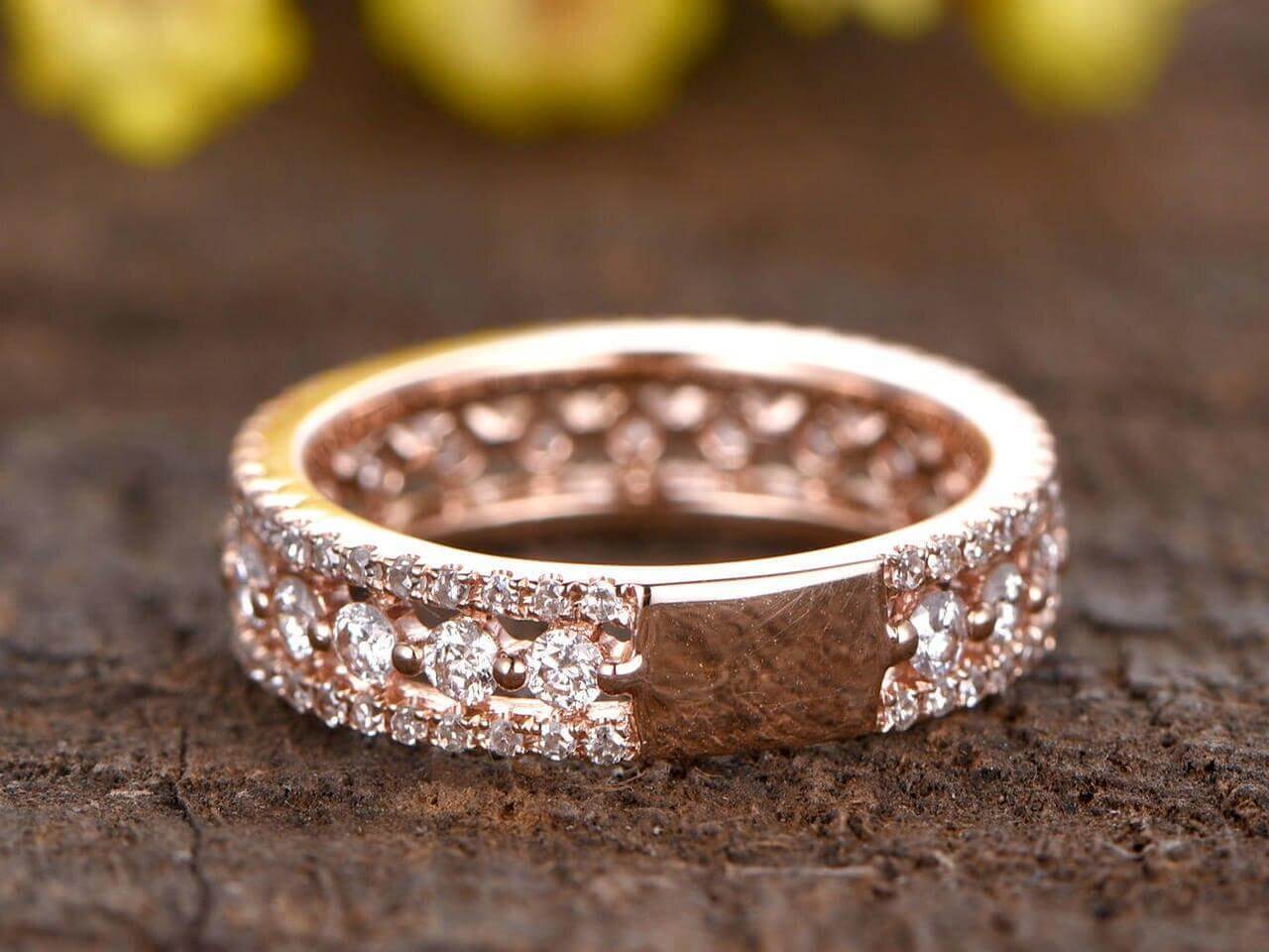 0.75 Carat Full Eternity Moissanite Diamond Wedding Band - Three Row Moissanite Engagement Ring - Stackable 18k Gold Plated Ring for Women - Perfect for Bridal Sets, Anniversary Gifts & Everyday Elegance