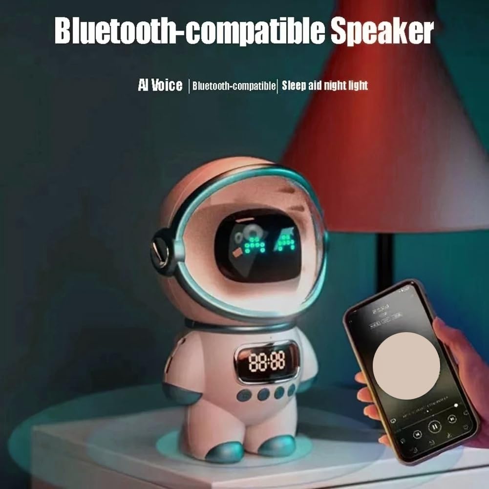 Smart Astronaut Bluetooth Speaker - Portable Wireless Speaker with AI Voice Assistant, Alarm Clock, FM Radio & TF Card Support - Pink Desktop Speaker for Home, Office & Travel