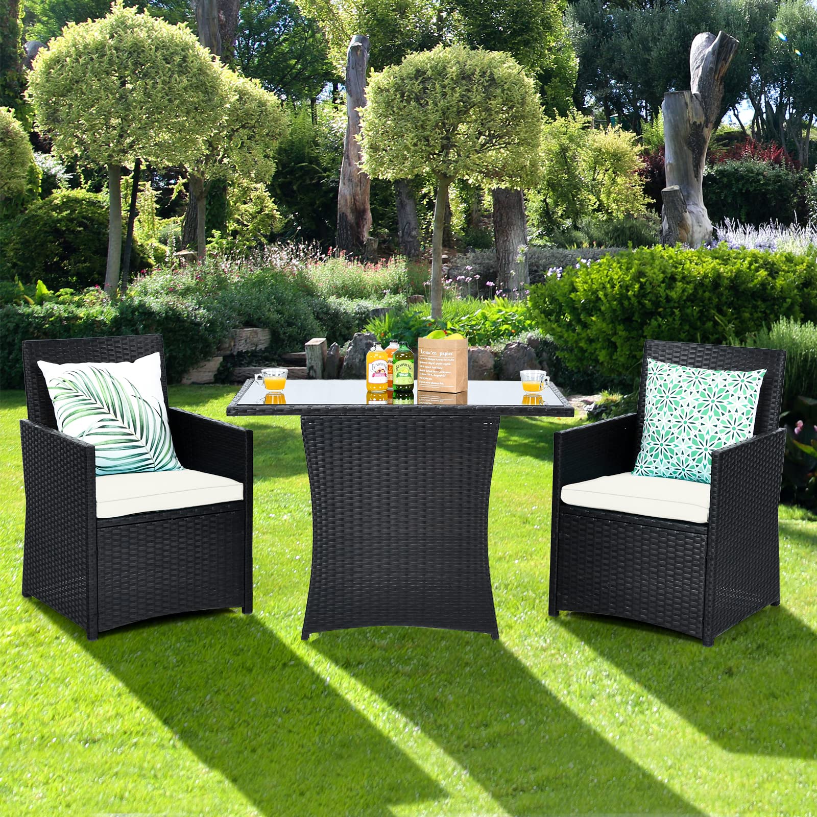 HappyGrill 3-Piece Outdoor PE Rattan Bistro Set with Cushioned Chairs - Patio Dining Table & Conversation Set for Backyard, Porch, Garden & Poolside - Perfect for Al Fresco Dining, Relaxing & Outdoor Entertaining