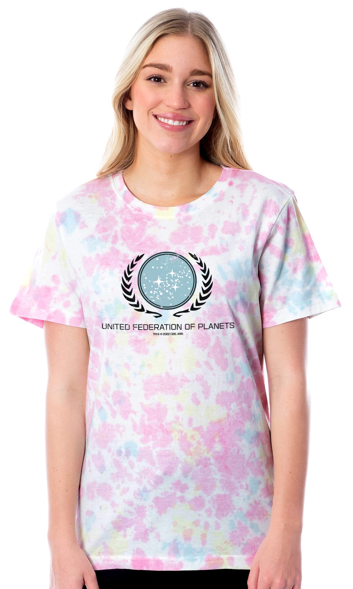 Star Trek Women's Tie-Dye Crewneck T-Shirt | United Federation of Planets TV Series Inspired | Large Size | Multicolor Fashion | Perfect for Cosplay, Conventions & Sci-Fi Fans