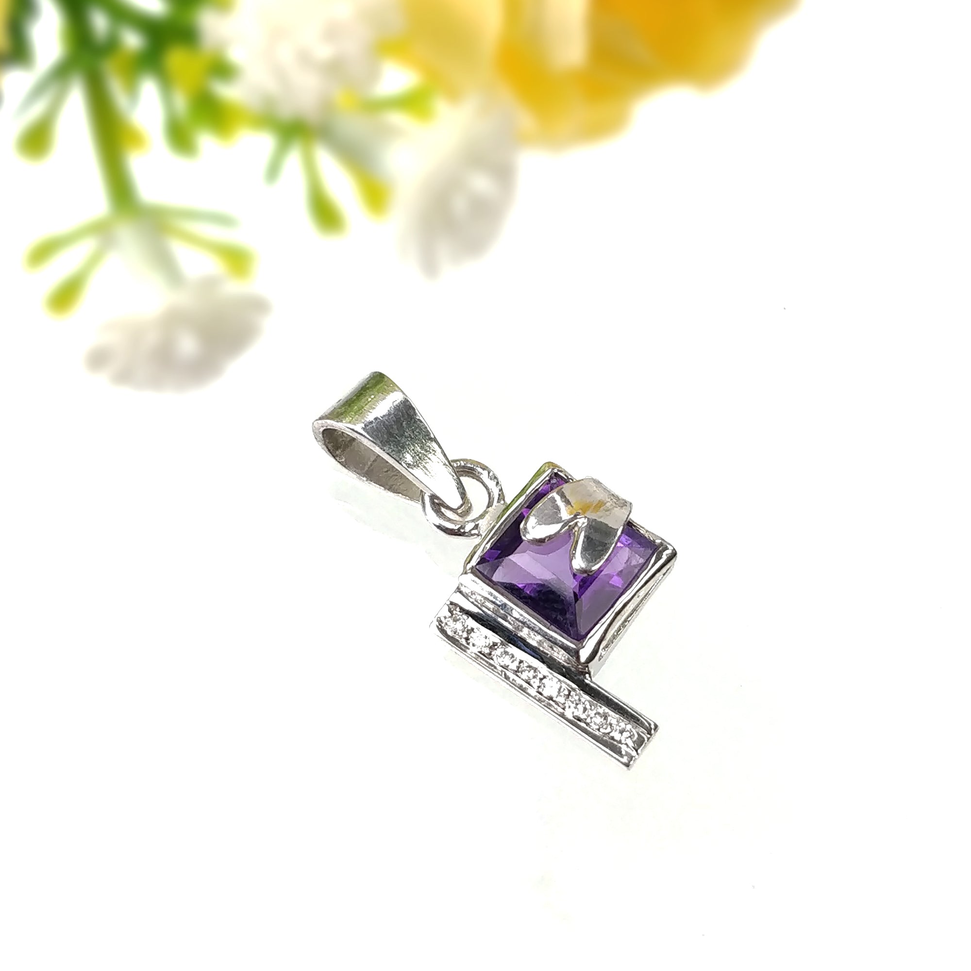 Natural Amethyst Pendant with CZ Gemstones in 925 Sterling Silver - 2.05g Untreated Cabochon Bezel Set Jewelry for Women | Perfect for Everyday Wear, Gift Giving & Spiritual Healing