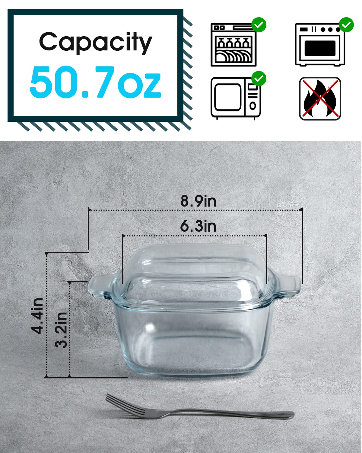 Nutriups 1.5L Square Glass Casserole Dish with Lid - Oven, Microwave & Freezer Safe Bakeware - Perfect for Baking, Roasting & Meal Prep (Lasagna, Casseroles, Desserts)