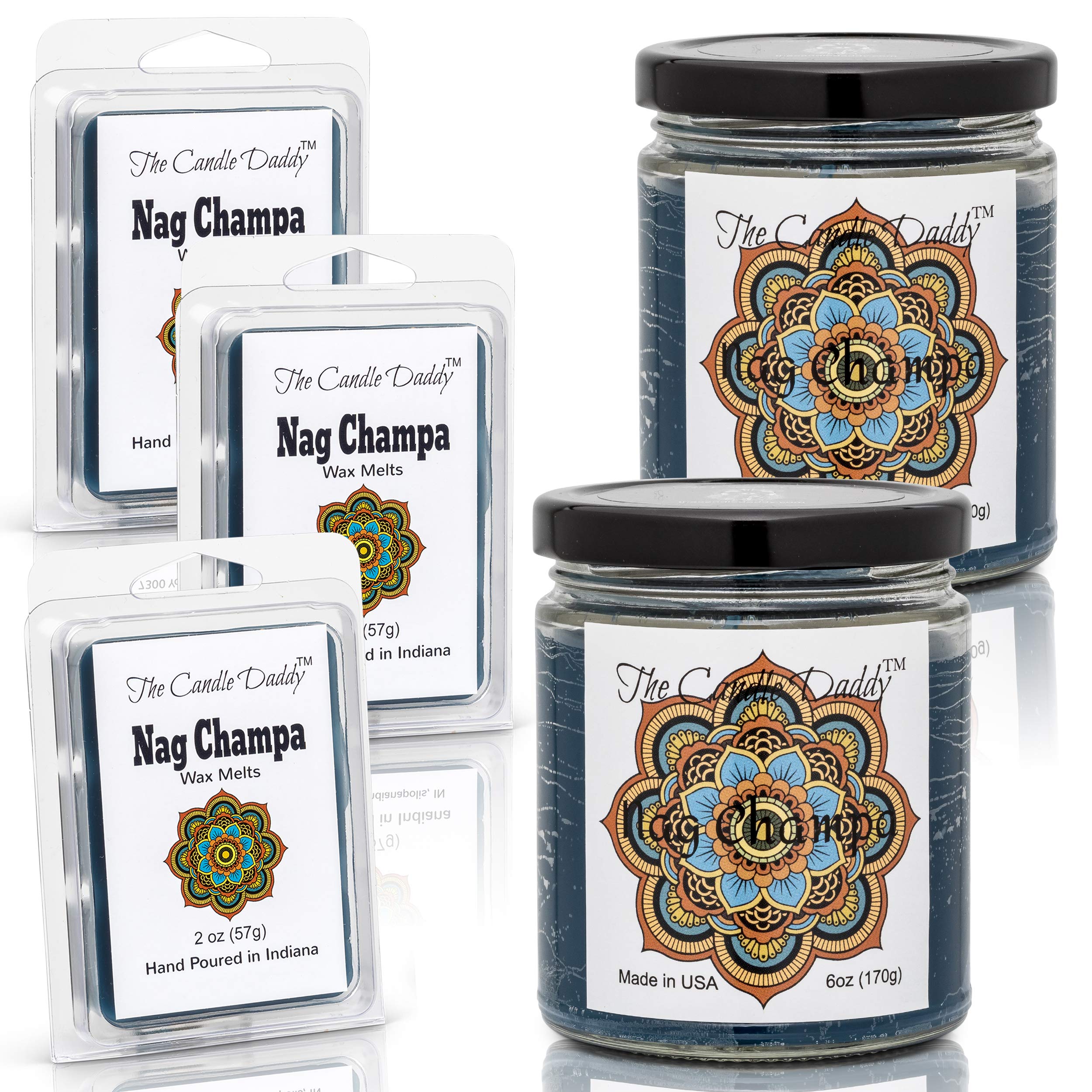 Nag Champa Scented Candles & Wax Melts Set - 2 x 6 oz Incense Candles + 3 x 2 oz Aromatherapy Wax Melts for Home, Meditation & Yoga Relaxation