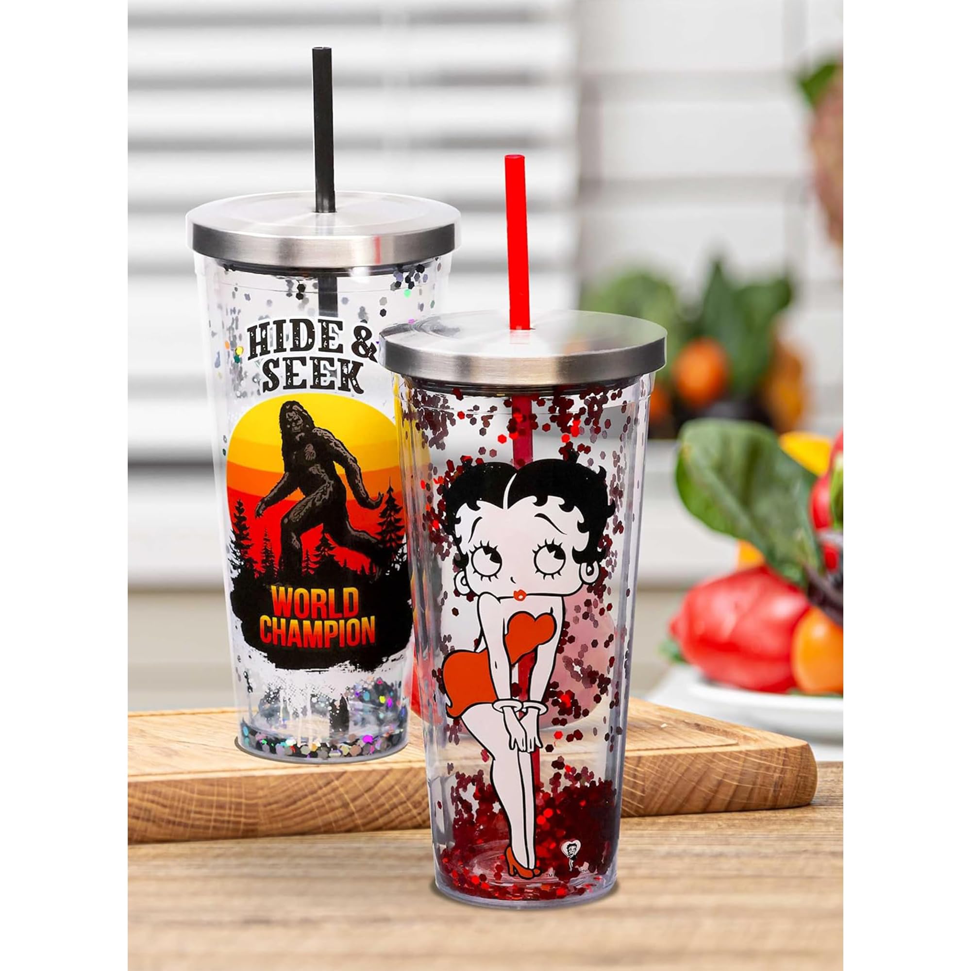 Betty Boop Glitter Filled Acrylic Tumbler 20oz - Stainless Steel Locking Lid with Straw - Double Wall Insulated BPA-Free Cup - Perfect for Home, Office & Travel