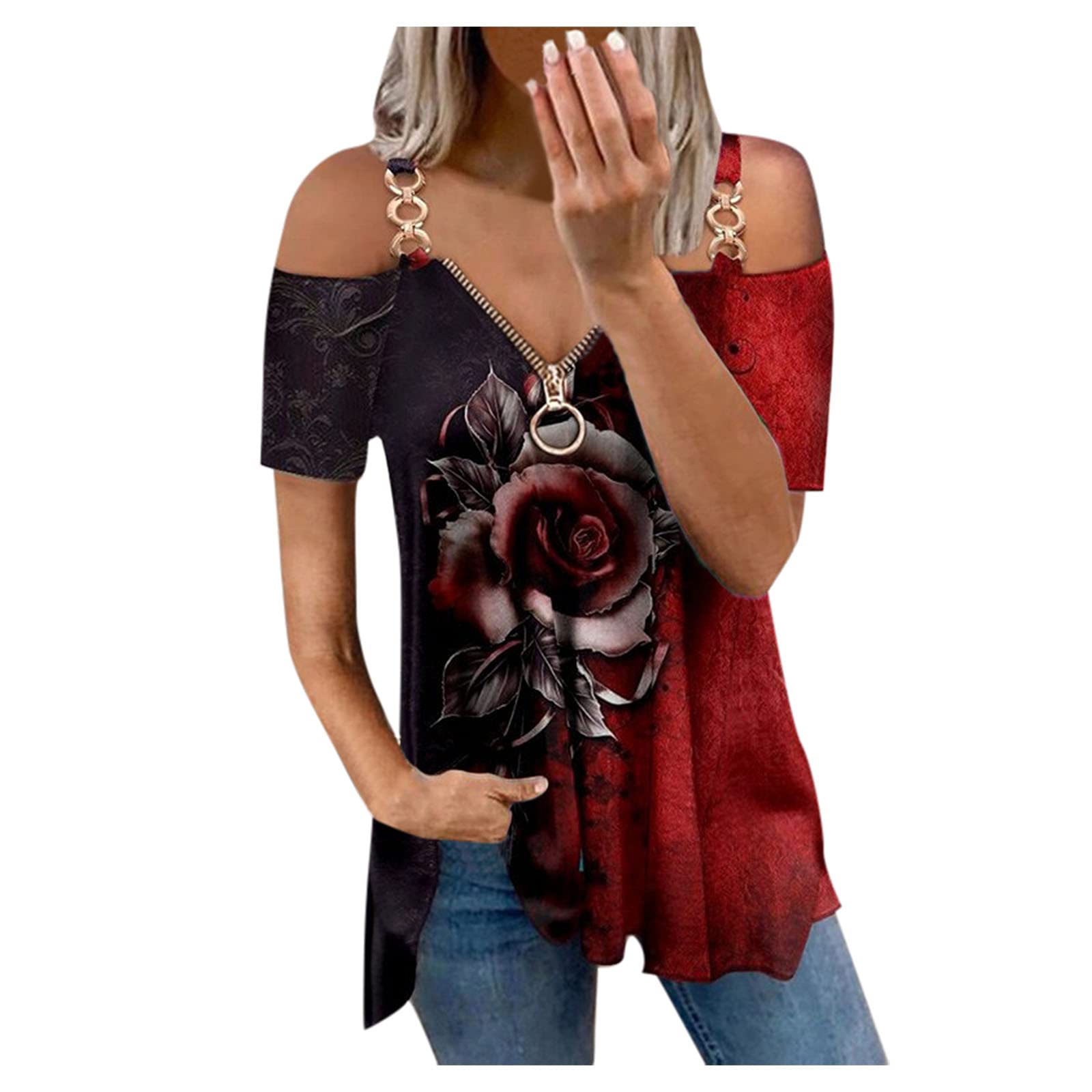 Stylish Women's Off Shoulder Zip Up V-Neck T-Shirt - Short Sleeve Loose Fit Graphic Blouse for Casual Outings & Summer Fashion | MtsDJSKF