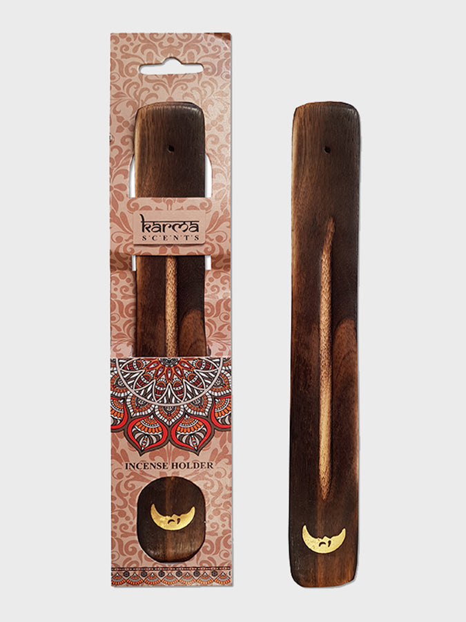 Namaste Karma Scents Brass Inlay Mango Wood Incense Ash Catcher Holder - Moon Design for Meditation, Yoga & Home Decor