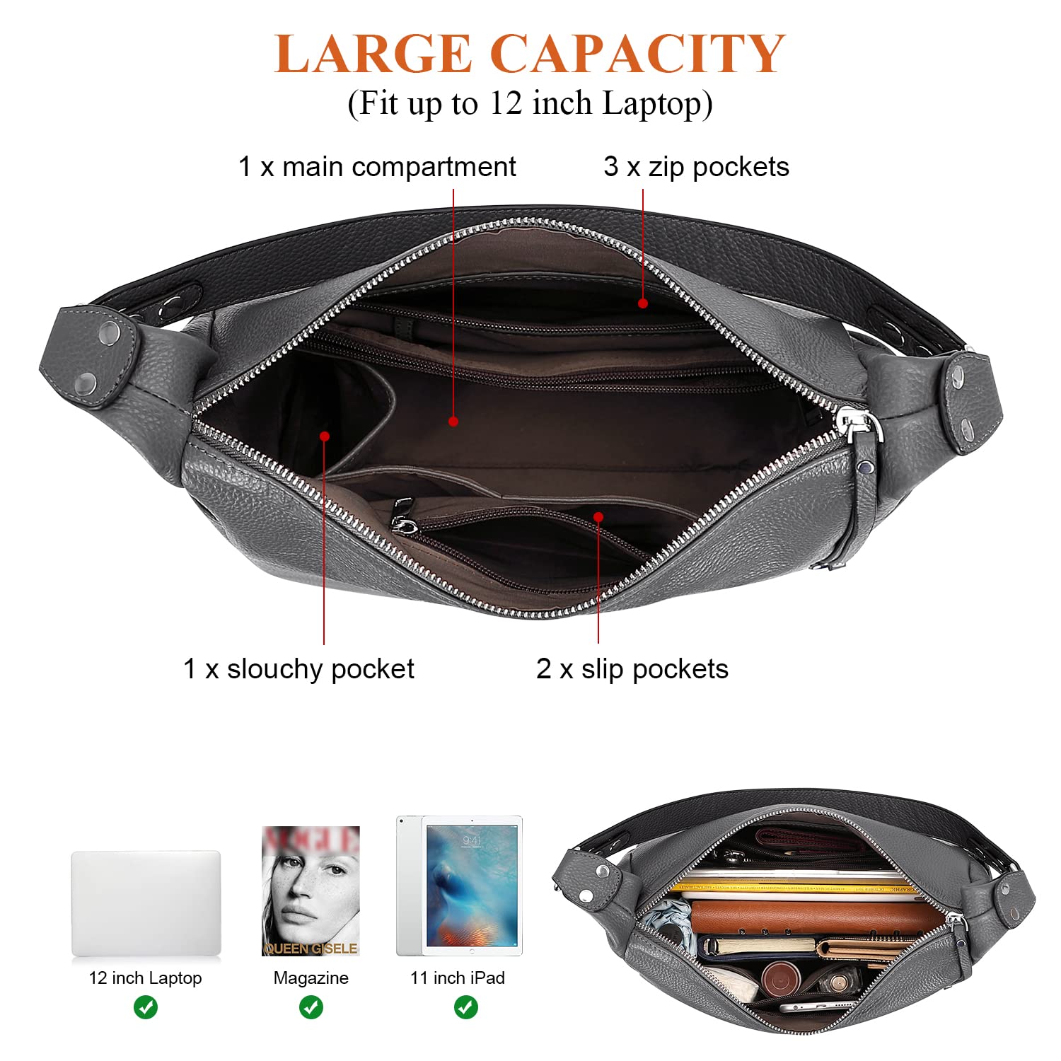 Genuine Leather Hobo Shoulder Bag for Women - Crossbody Purse with Adjustable Strap - Perfect for Work, Travel & Everyday Use