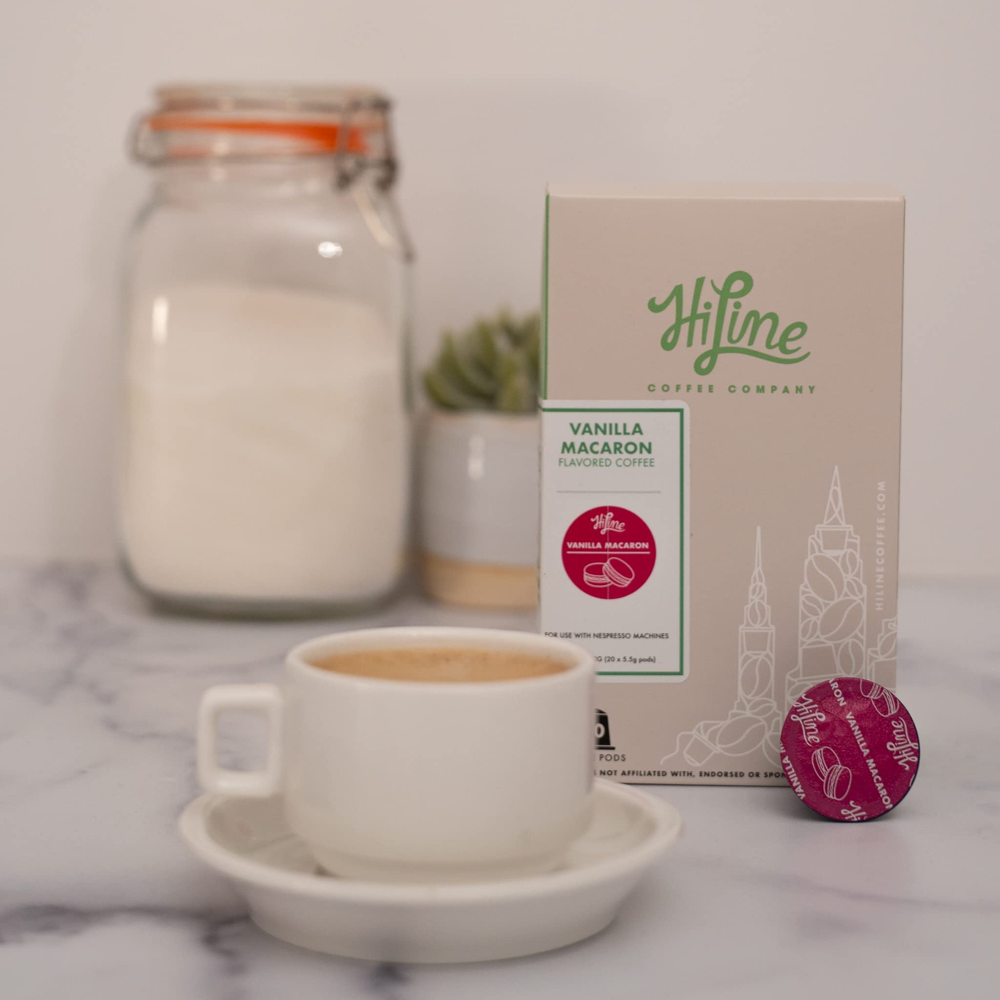 HiLine Espresso Coffee Pods - Vanilla Macaron Flavored Single Serve Capsules (20 Count), Compatible with Nespresso Original Line Machines | Perfect for Home, Office & Gifts