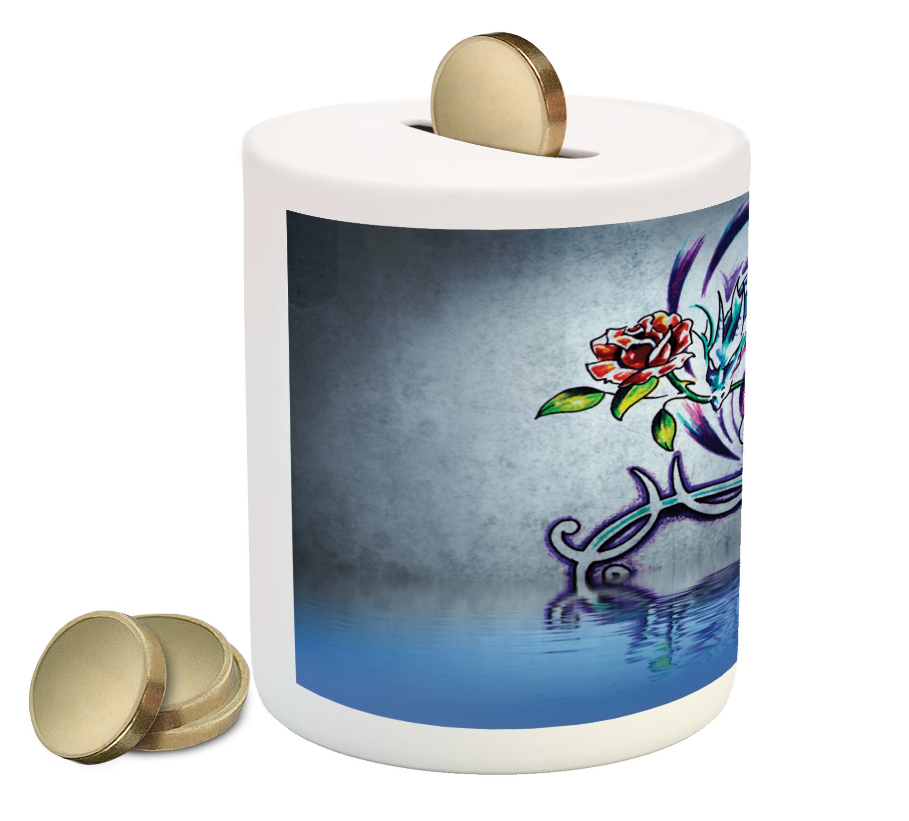Lunarable Dragon Piggy Bank - Ceramic Coin Bank with Flower Swirling Dragon & Red Rose Water Graffiti Art - Money Saving Box for Kids & Adults (Multicolor) - Perfect for Home Decor, Gift Giving & Financial Education