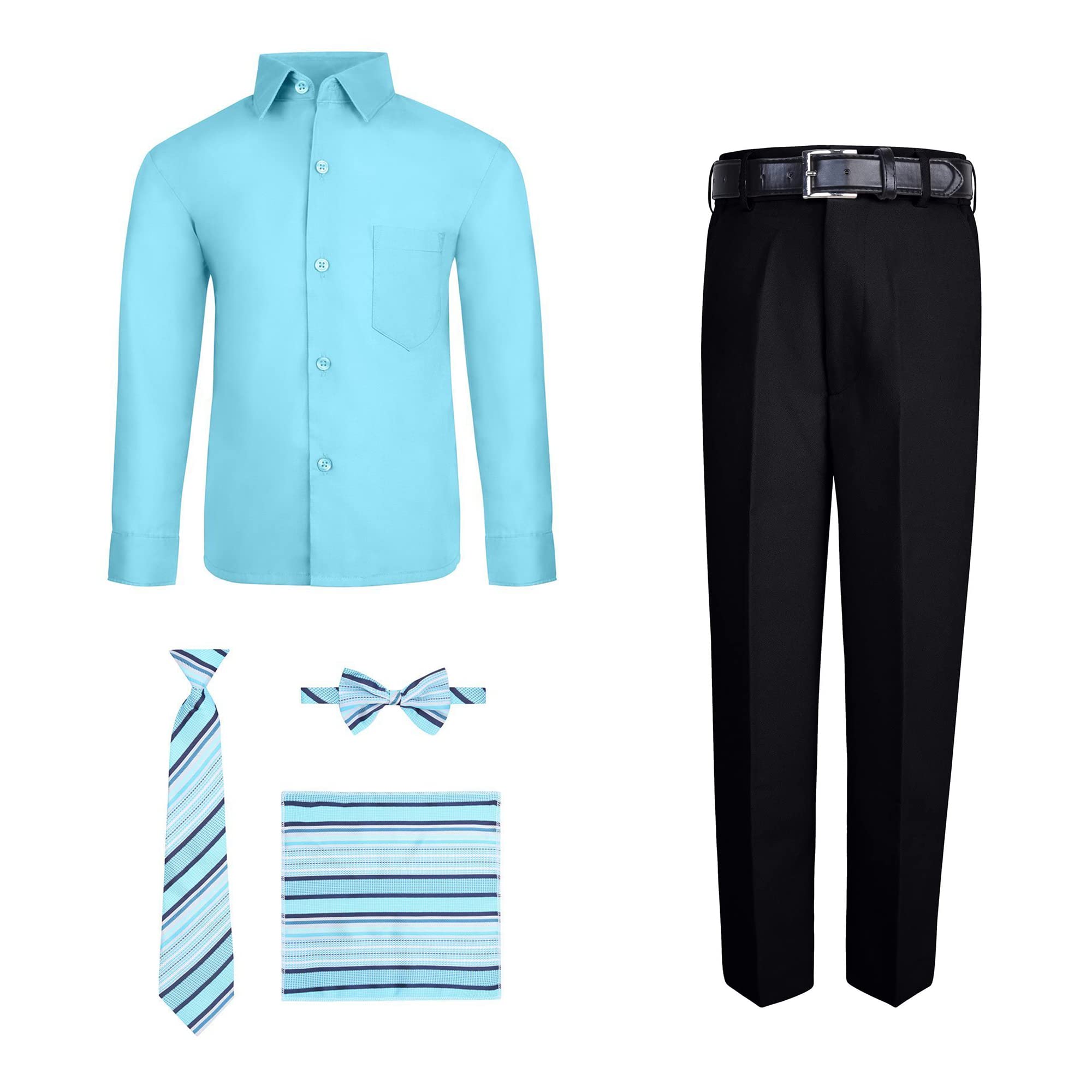 S.H. Churchill & Co. Boys' 6-Piece Formal Outfit Set - Hawaiian Blue Dress Shirt & Black Comfort Waist Dress Pants with Tie, Bow Tie, Handkerchief & Belt - Size 14 - Perfect for Weddings, Parties & Special Occasions