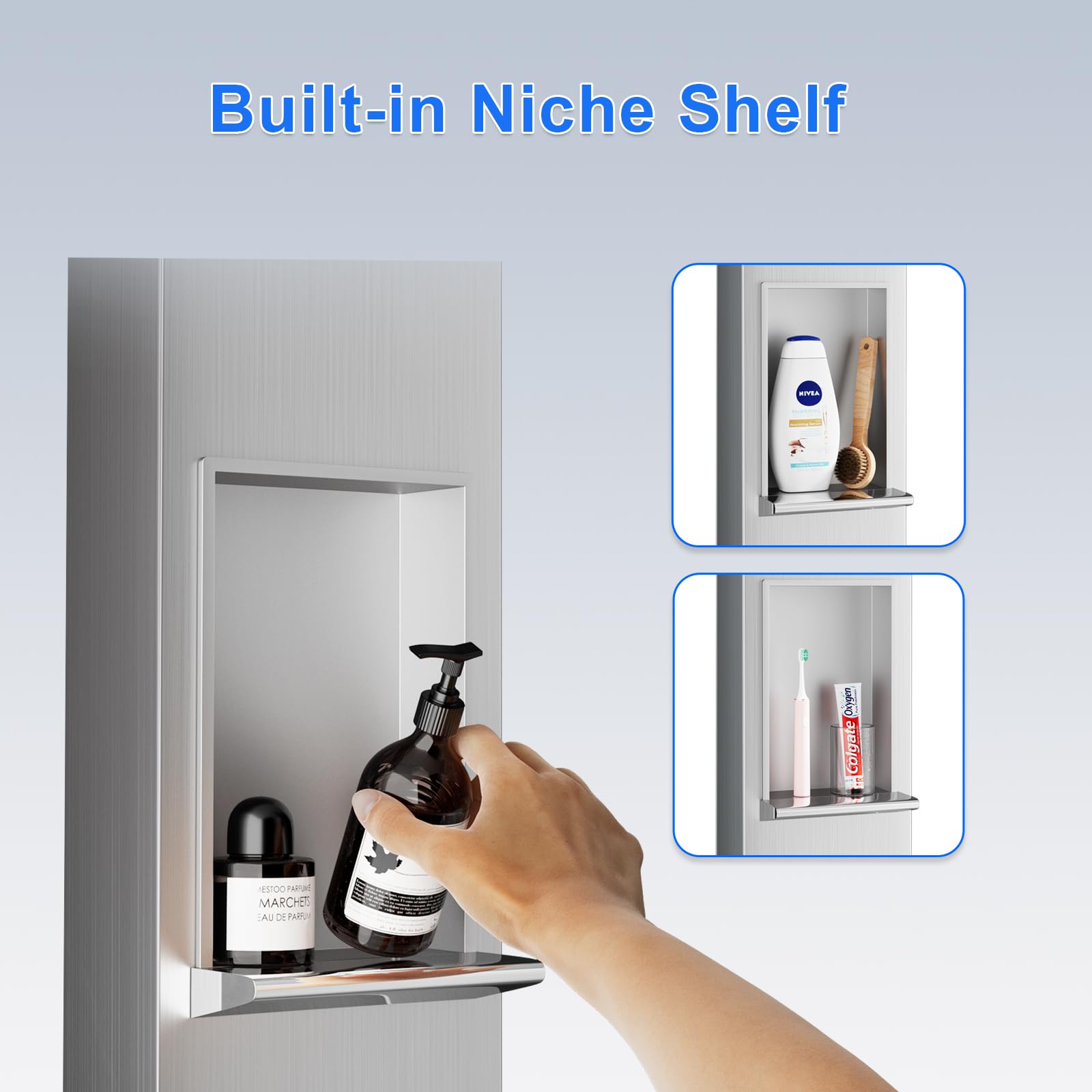 POPFLY Stainless Steel Shower Panel with LED Lights, Rainfall & Mist System - 2 Body Spa Jets, Shelf & Tap Spout - Brushed Nickel Finish for Luxury Bathroom Upgrade | Perfect for Spa-Like Experience at Home