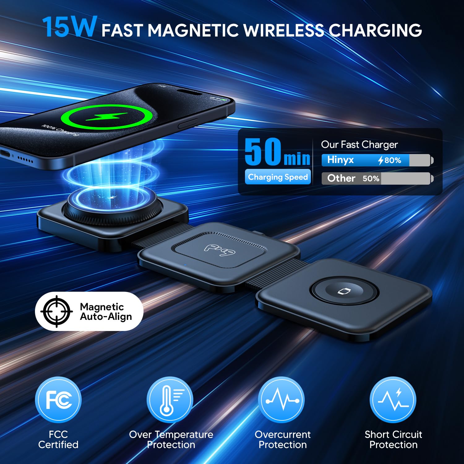 Hinyx 3-in-1 Magnetic Wireless Charging Station - Foldable Portable Travel Charger for iPhone 15/14/13/12 - Perfect for Home, Office & Travel Use