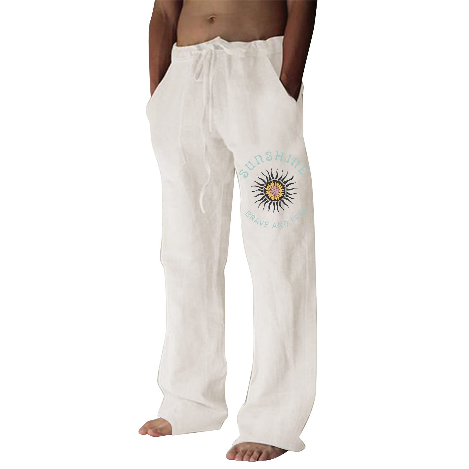 Men's Casual Linen Pants - Elastic Waist Drawstring Loose Fit Jogger Yoga Pants - Quick Dry Breathable with Pockets - Perfect for Lounge, Travel & Outdoor Activities