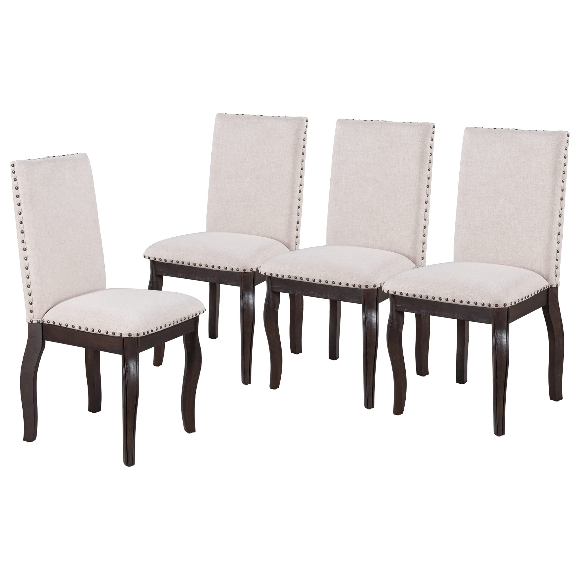 Set of 4 Wood Upholstered Fabric Dining Chairs with Nailhead Trim - Modern Kitchen & Dining Room Furniture for Home Decor