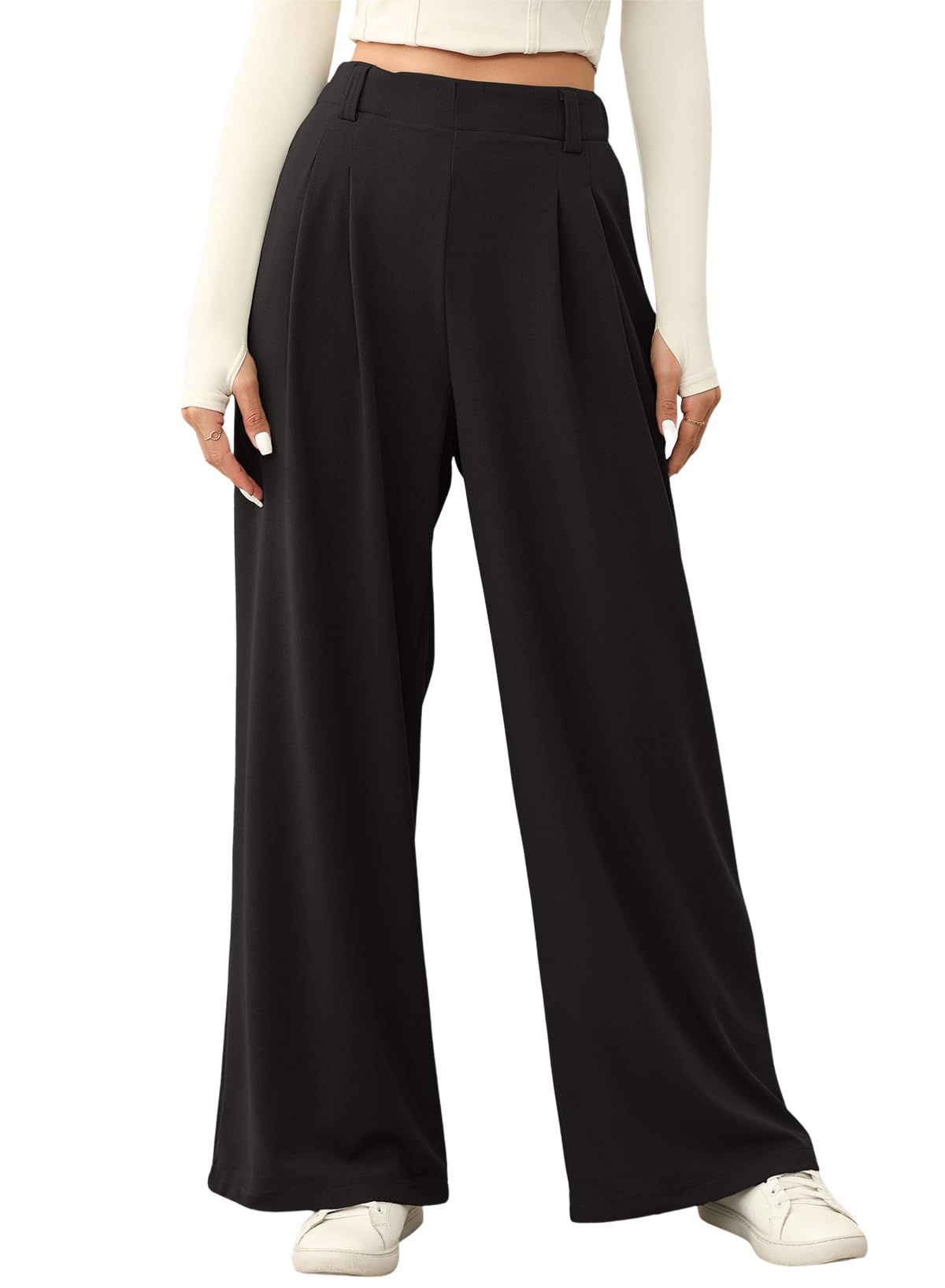 EVALESS Women's High Waisted Wide Leg Palazzo Pants - Stretchy Elastic Waistband, Waffle Knit Texture, Casual Comfort with Pockets | Perfect for Work, Travel & Lounge Wear