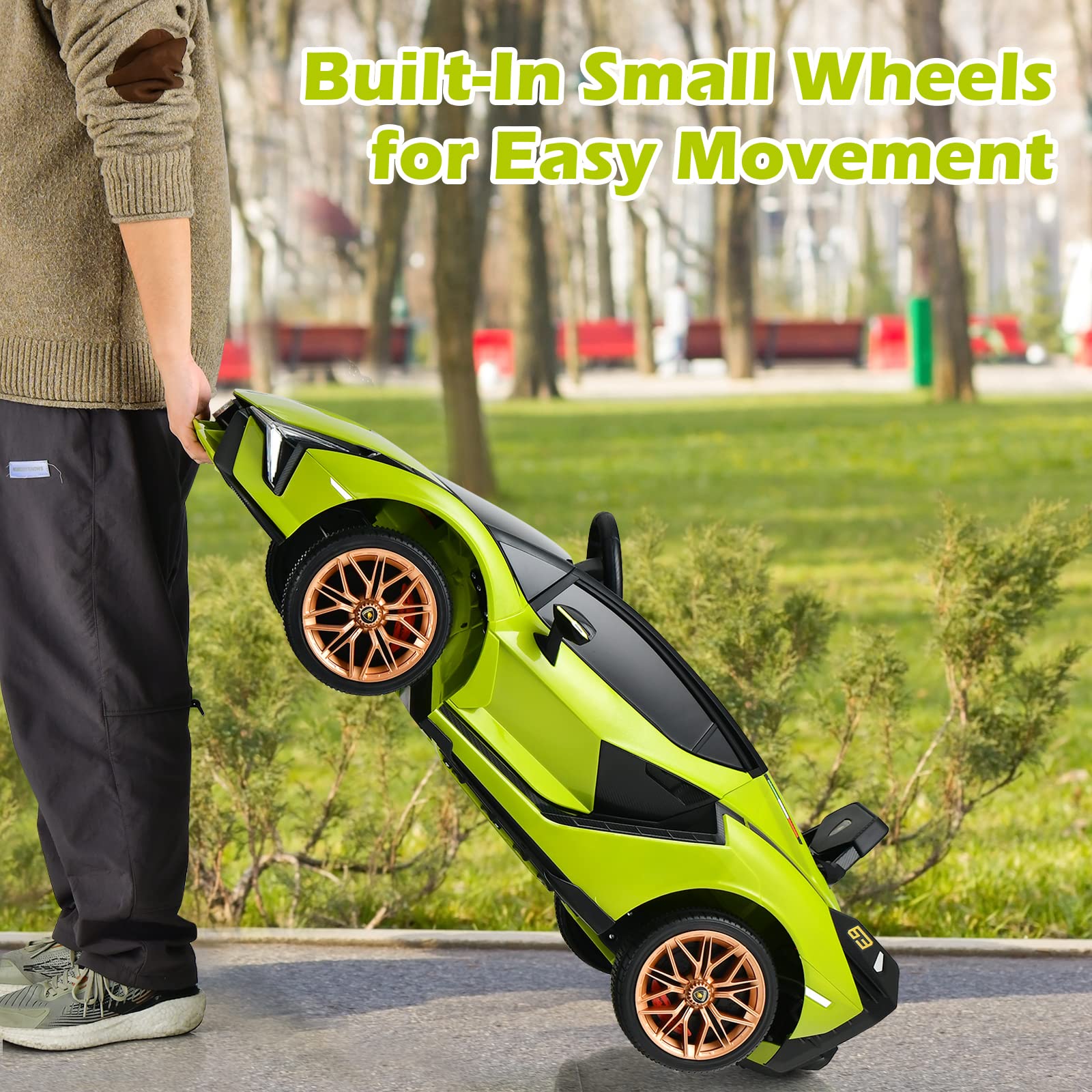 INFANS 12V Licensed Lamborghini Sian Kids Electric Ride-On Car with Parent Remote Control - Spring Suspension, MP3 Player & Carbon Fiber Texture - Green Toddler Toy Roadster for Indoor/Outdoor Play & Birthday Gifts