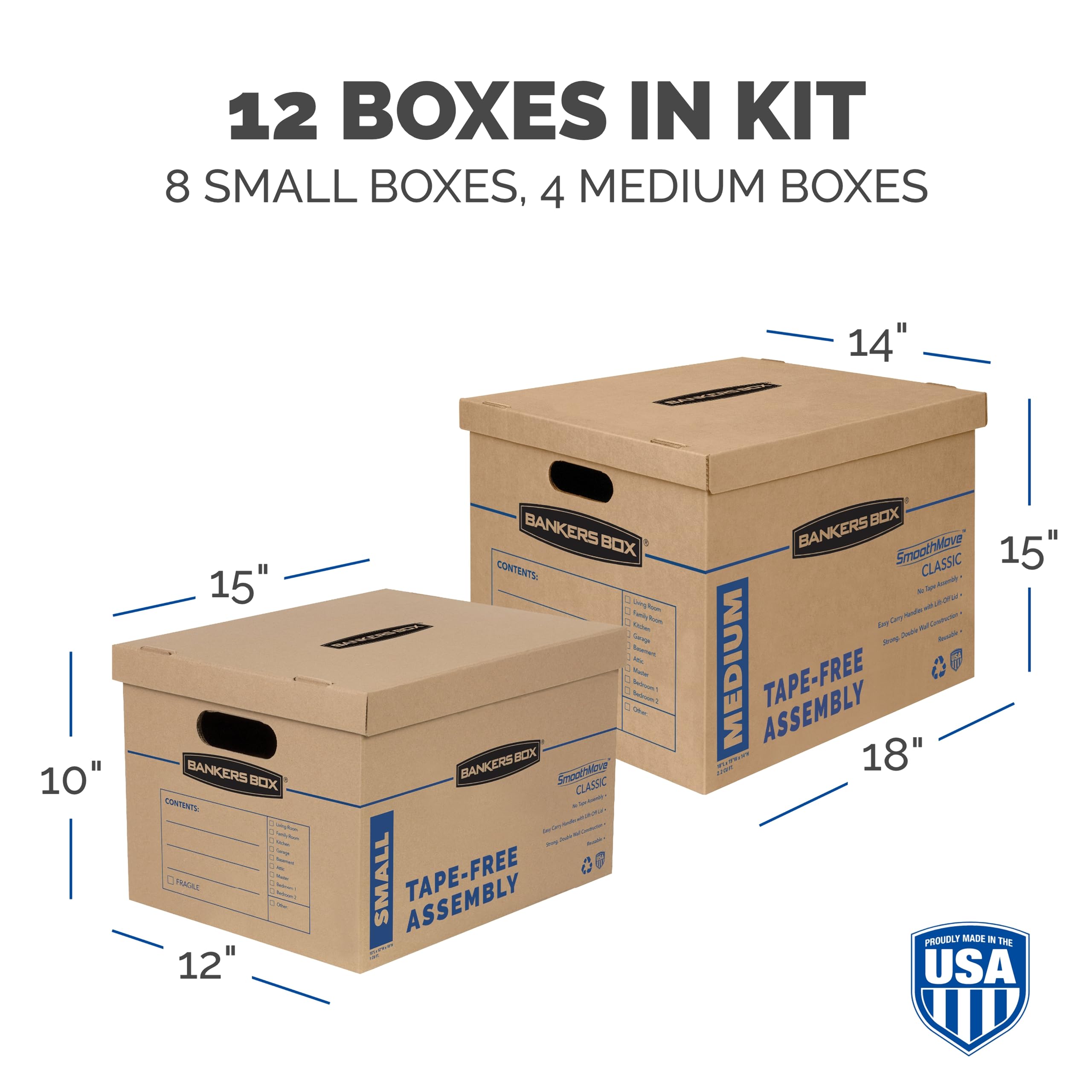 Bankers Box Classic Moving Box 12 Pack Kit - Strong Reinforced Handles, Easy Tape-Free Assembly, Includes 8 Small & 4 Medium Boxes with Lids (7716401) - Perfect for Home Moving, Office Storage & Shipping Supplies