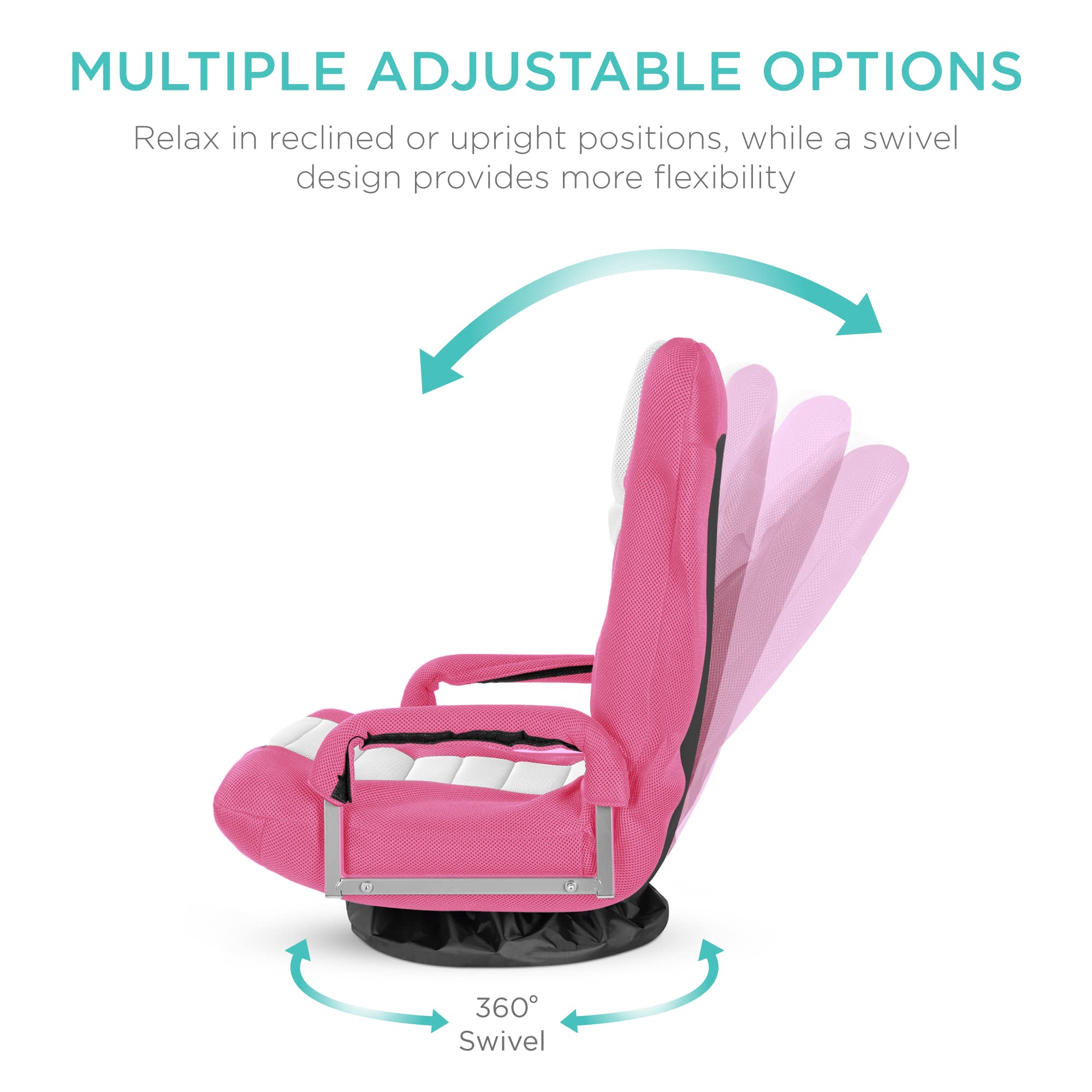 Best Choice Products 360 Degree Swivel Gaming Chair - Adjustable Foldable Backrest with Lumbar Support & Armrest Handles for Video Games, TV Watching, Reading - Multipurpose Floor Rocker Chair (Pink/White) - Perfect for Home Office, Gaming Setup & Living Room Relaxation
