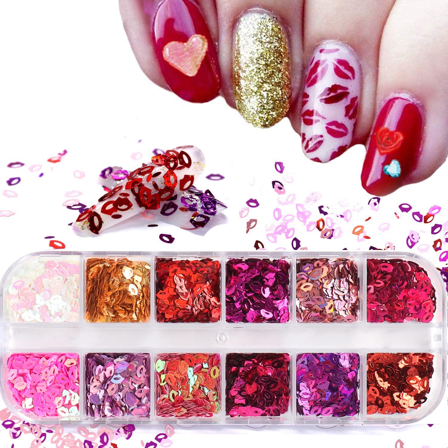**3D Sparkly Lips Glitter Nail Art Sequins – 12 Colors DIY Shiny Nail Flakes for Women & Girls – Sexy Manicure Powder Charms & Decorations – Perfect for Parties, Weddings, and Nail Art Designs**