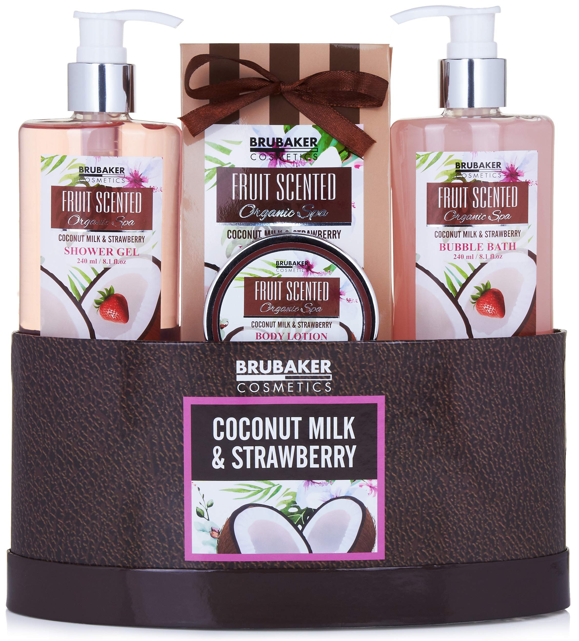 BRUBAKER Coconut Milk & Strawberry Scented Bath & Body Gift Set - 5 Piece Home Spa Basket with Body Lotion, Bath Bombs & More - Perfect for Relaxation, Self-Care Gifts & Pampering Sessions
