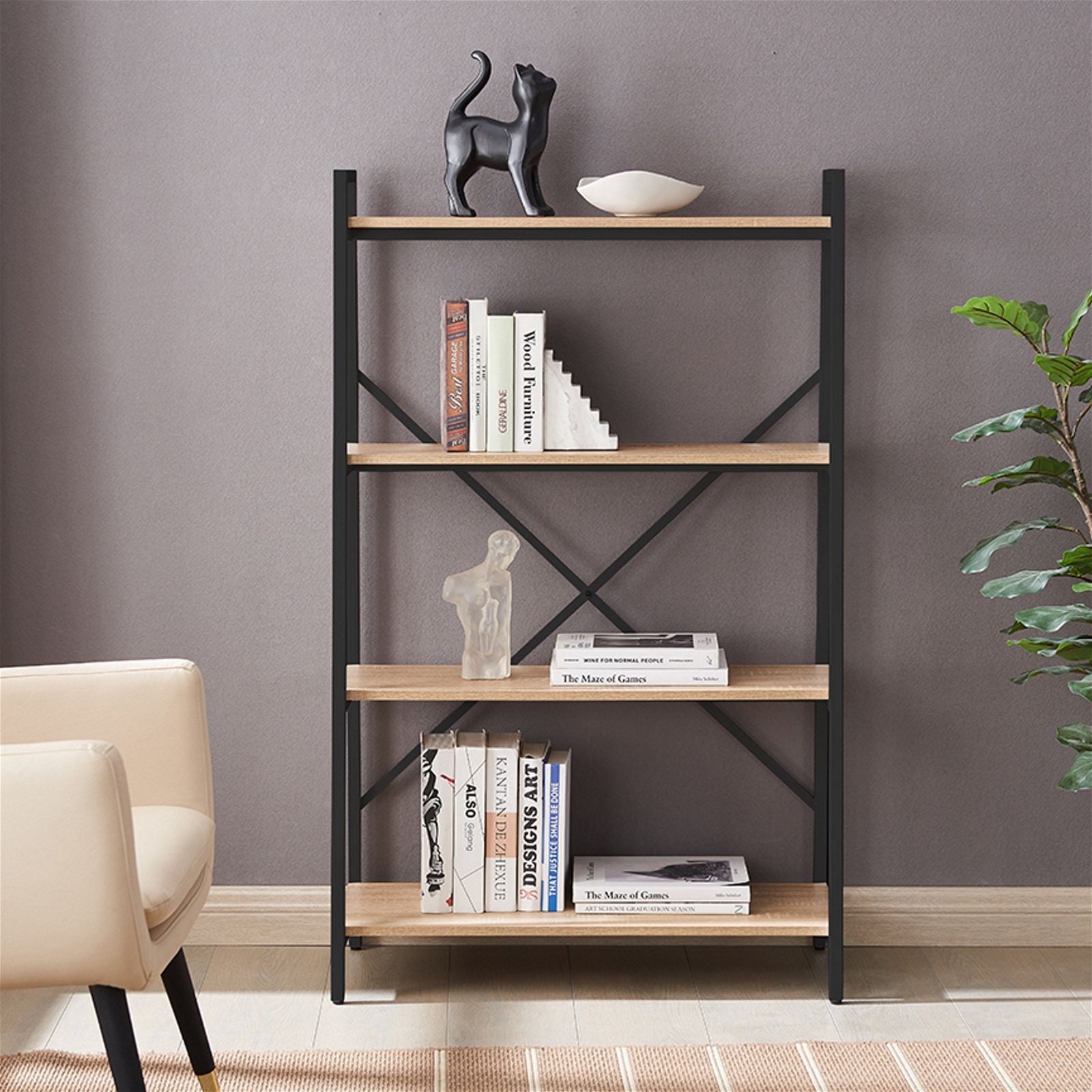 Workzone ASPECT 1300 Bookcase - Modern Oak & Black Wooden Bookshelf for Home Office, Living Room, or Bedroom Storage - 5-Tier Shelving Unit for Books, Decor, and Organizing Essentials