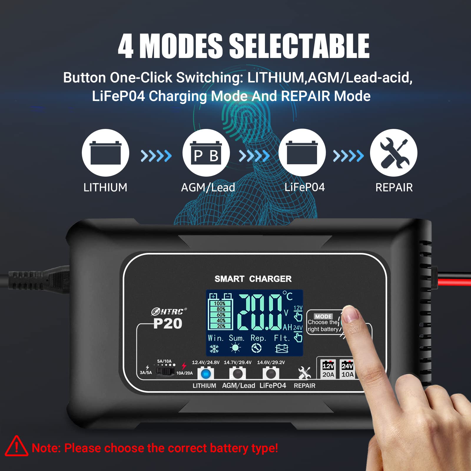 20-Amp Smart Battery Charger for Lithium, LiFePO4, Lead-Acid (AGM/Gel/SLA) - 12V/20A & 24V/10A Car Battery Charger, Trickle Charger & Maintainer - Perfect for Boats, Motorcycles, Lawn Mowers, Golf Carts & More - Ideal for Long-Term Storage, Winterizing Vehicles & Deep Cycle Battery Maintenance