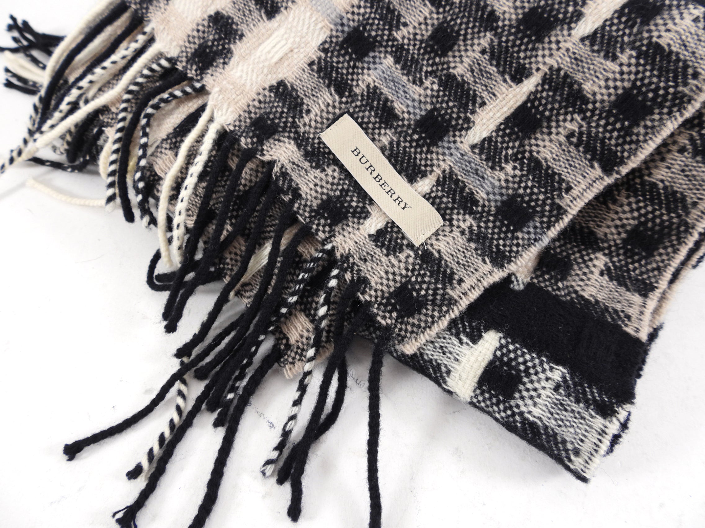 Burberry Black Ivory Beige Tweed Wool Long Scarf - Luxury Winter Wrap for Women, Fashionable Cashmere Blend Shawl for Cold Weather, Office & Outdoor Activities