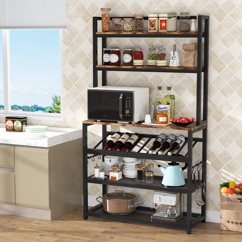 TIYASE 6-Tier Industrial Kitchen Baker's Rack with Storage Shelf, Wine Rack & Hutch - Free Standing Microwave Cart with 6 Hooks - Rustic Brown Kitchen Organizer for Baking, Cooking & Small Appliance Storage