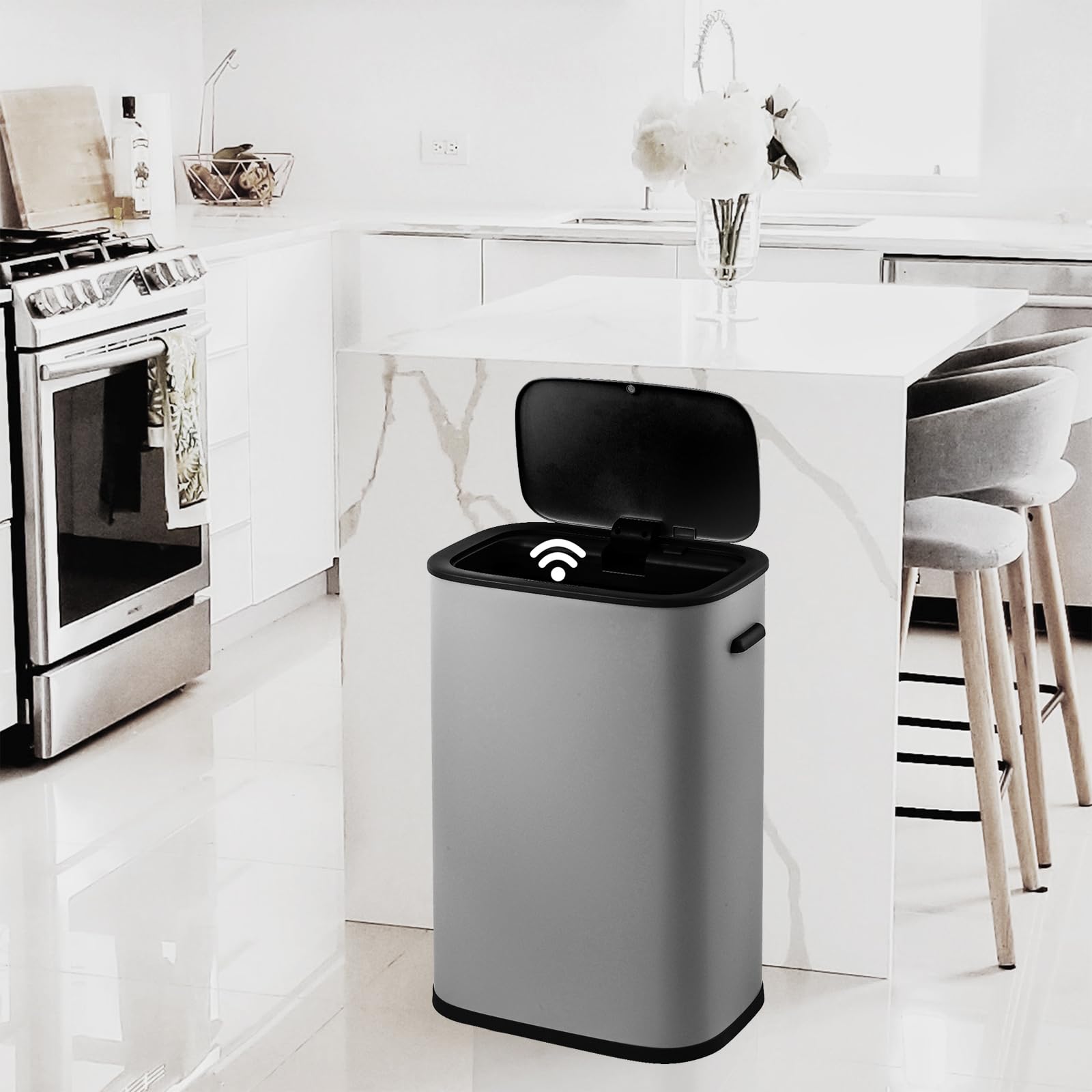 GAOMON 14.5 Gallon Automatic Trash Can with Lid - Touchless Motion Sensor Garbage Bin, 55L Stainless Steel Smart Waste Basket for Kitchen, Office, Bathroom & Bedroom (Gray) - Perfect for Hygienic Hands-Free Disposal in Home & Commercial Spaces
