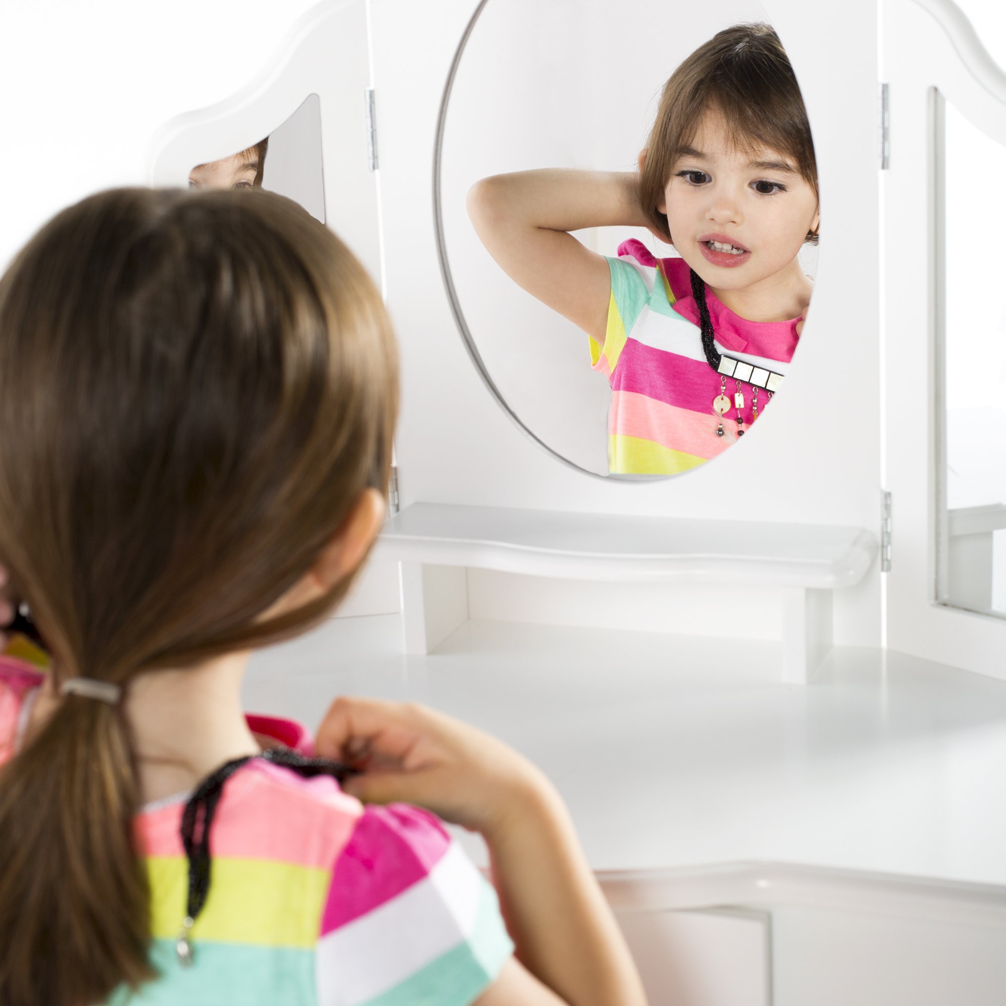 Guidecraft Classic White Kids Vanity and Stool Set - Wooden Pretend Play Makeup Table with Mirror & Storage Drawer for Girls Age 3-8 | Perfect for Bedroom Decor, Birthday Gifts & Imaginative Play
