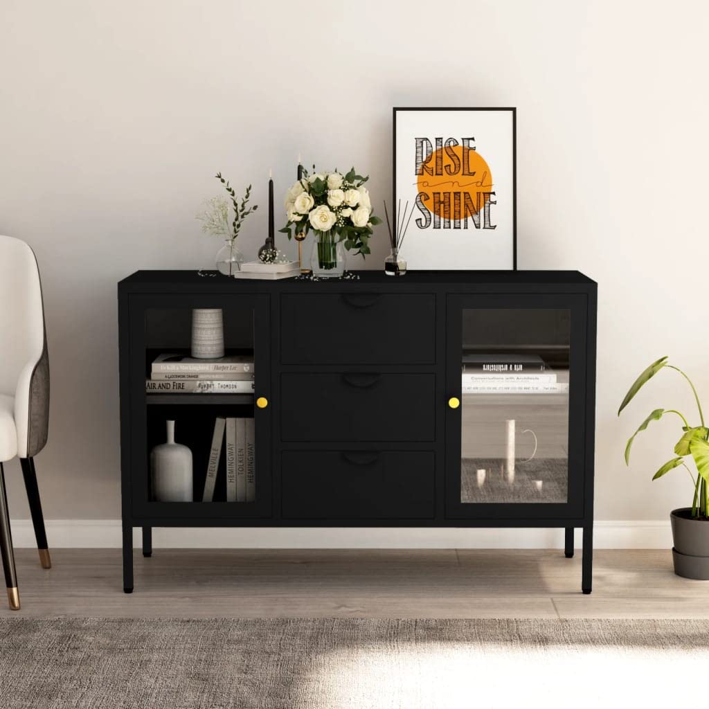 FAMIROSA Modern Black Steel Sideboard Cabinet with 3 Drawers & 2 Adjustable Shelves - 41.3
