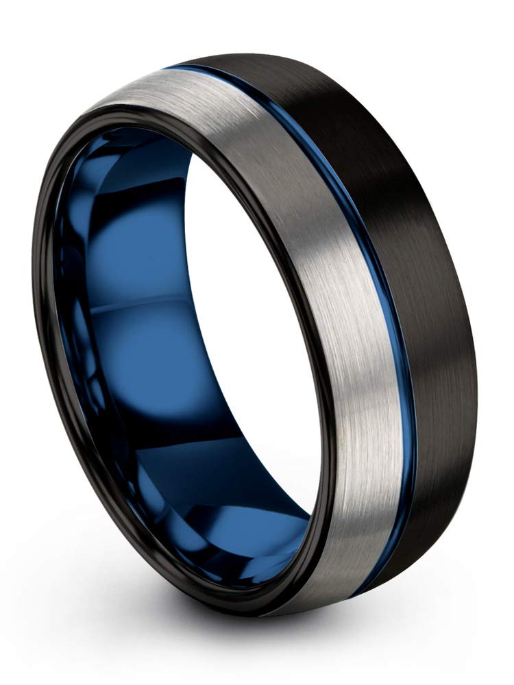 Premium Tungsten Carbide Wedding Band Ring for Men & Women - 8mm Blue & Black Center Line, Dome Black & Grey, Half Brushed & Polished - Custom Engraved for Anniversary & Engagement - Perfect for Everyday Wear, Special Occasions & Gift Giving
