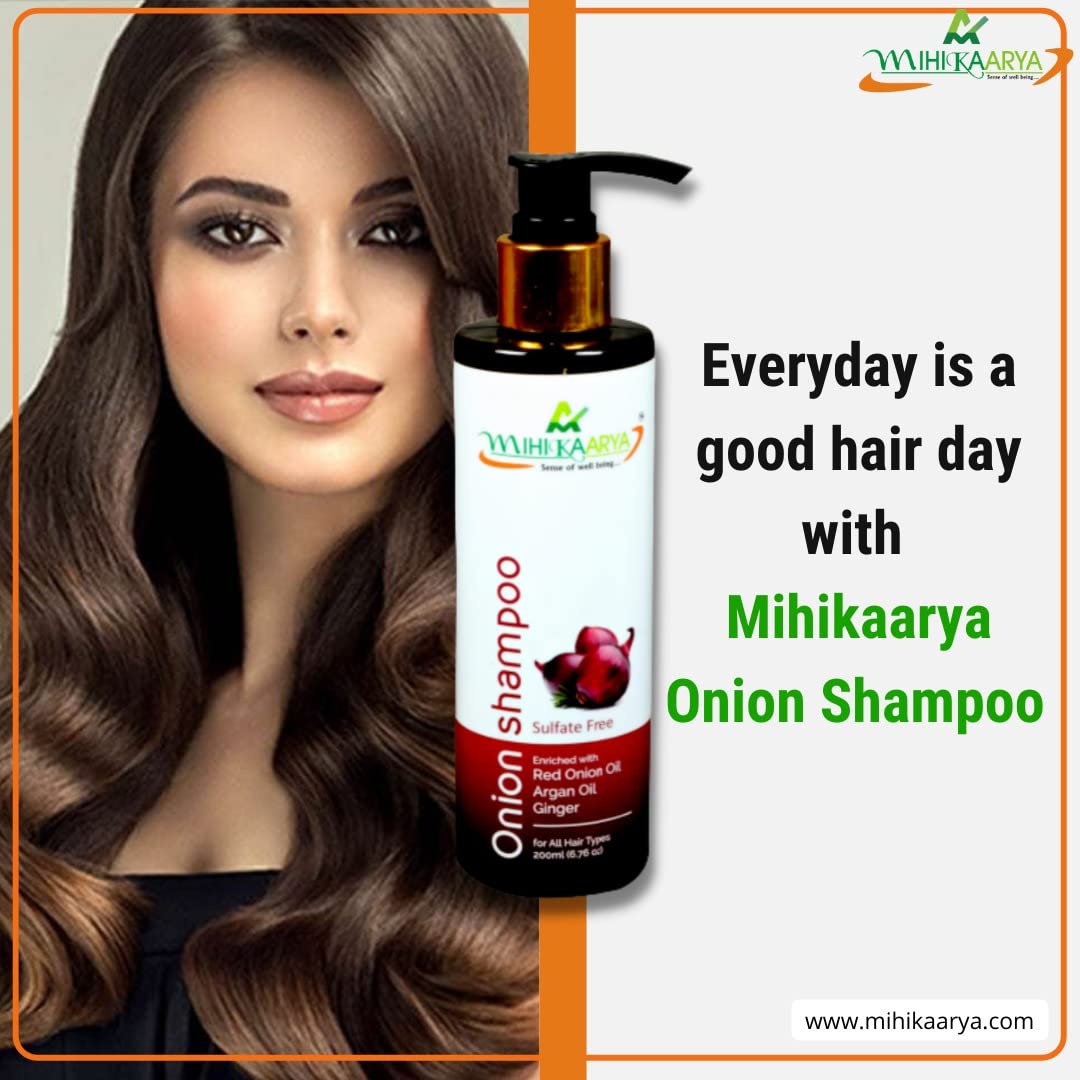 Mihikaarya Red Onion Shampoo with Argan Oil & Ginger Extract for Hair Growth - 200ml | Sulfate-Free & Nourishing Formula for Thinning Hair, Hair Loss & Scalp Care | Perfect for Daily Use & Damaged Hair Repair
