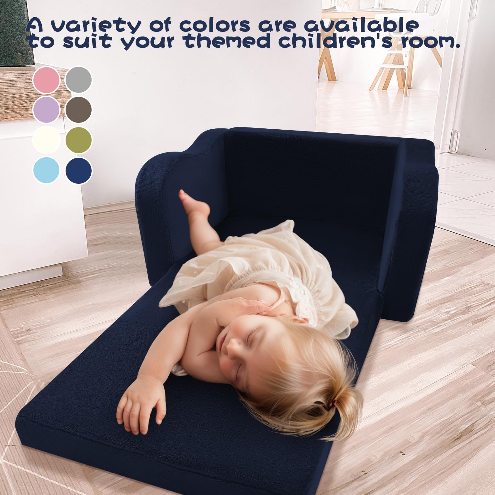 MeMoreCool Fold Out Kids Couch - Convertible Toddler Chair to Sofa Bed, Navy Blue Baby Lounge Chair for Boys & Girls Ages 1-4 | Playroom, Nursery & Travel Friendly Comfortable Foldable Furniture