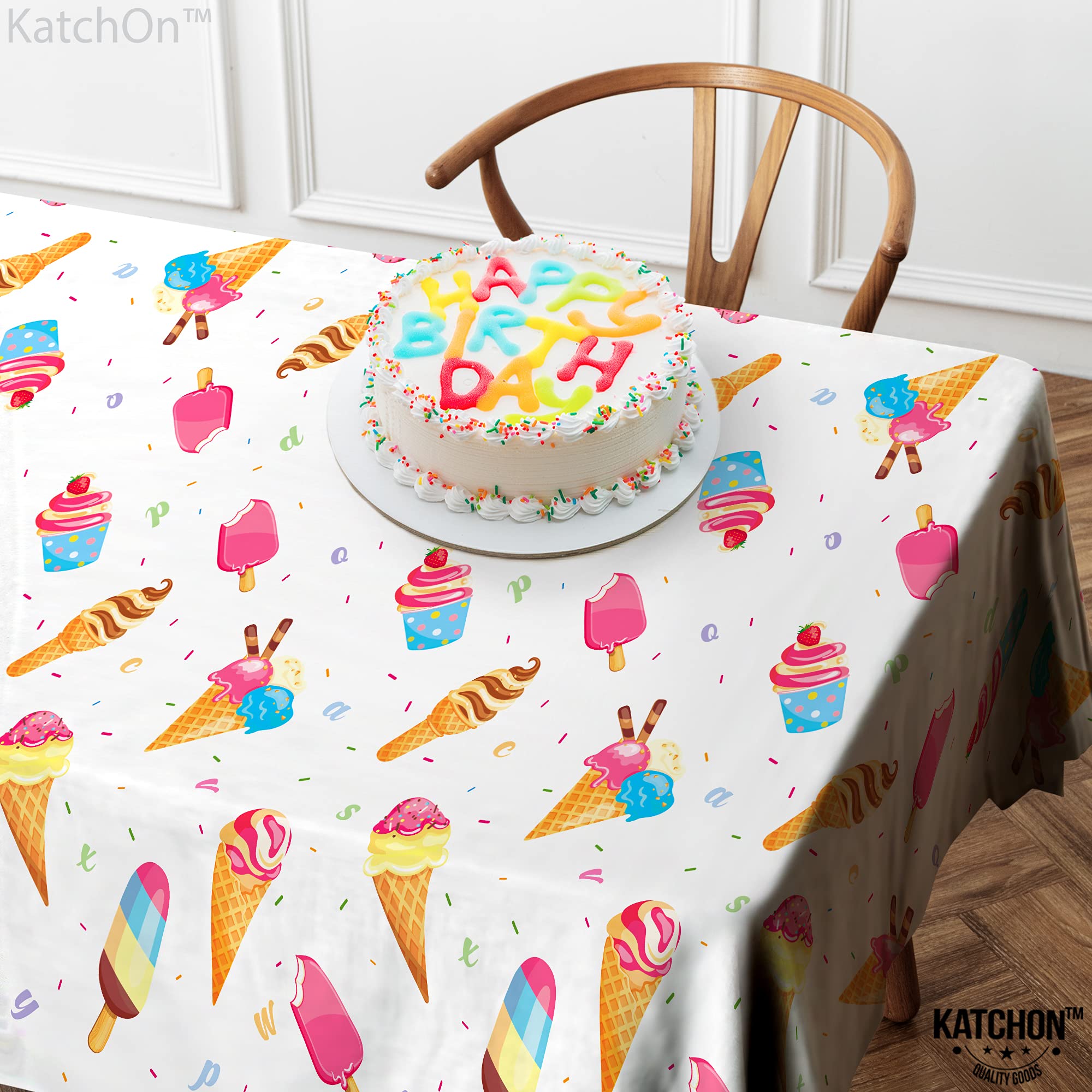 Extra Large Ice Cream Tablecloth & Balloons Set - Pack of 10 | Waterproof Party Table Cover for Ice Cream Themed Birthday, Baby Shower & Summer Celebrations | Cute Dessert Decorations for Indoor/Outdoor Events
