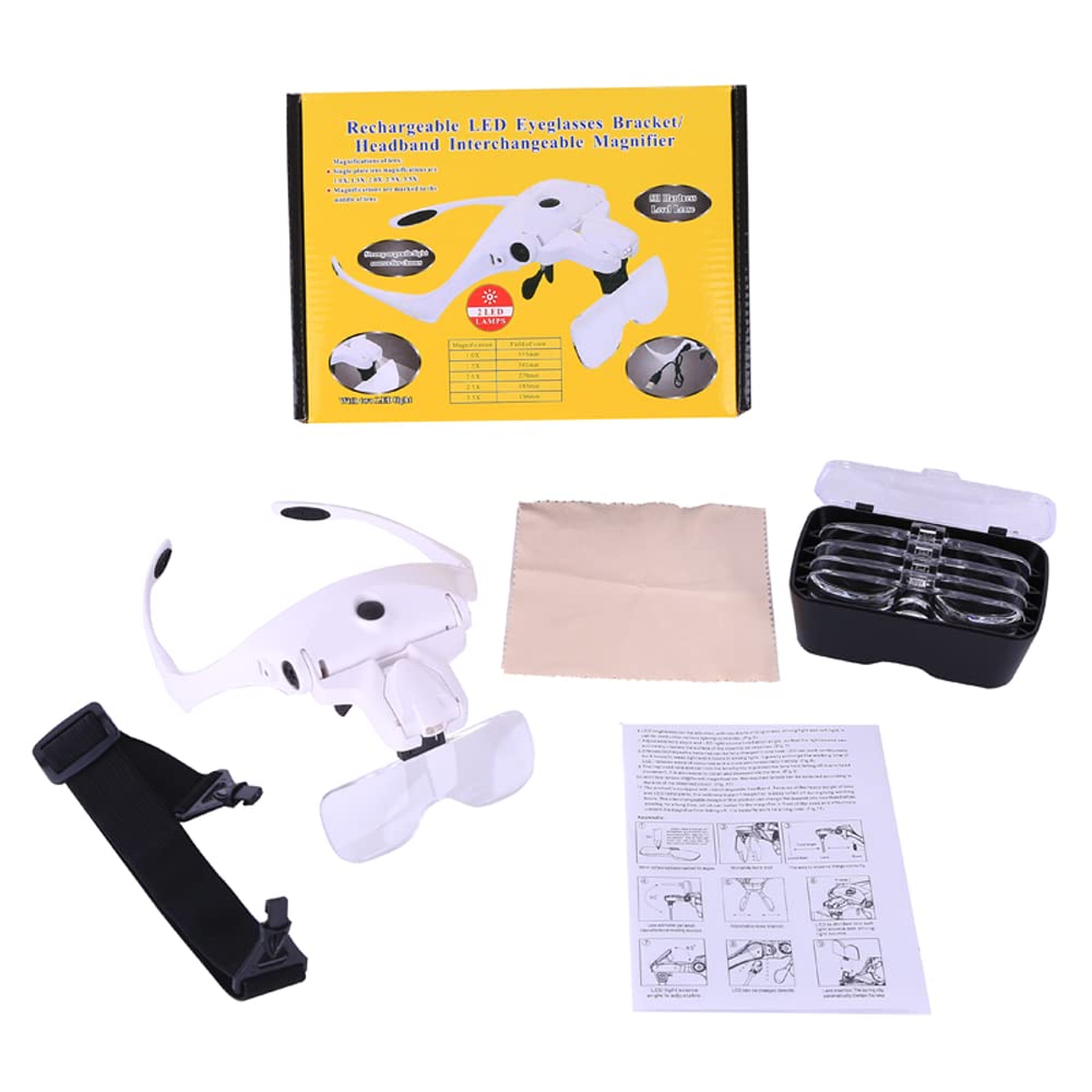 Rechargeable LED Headband Magnifier Glasses - 5 Interchangeable Lenses (1.5X, 2.0X, 2.5X, 3.5X) with Bright Light for Jewelry Making, Watch Repair & Crafts
