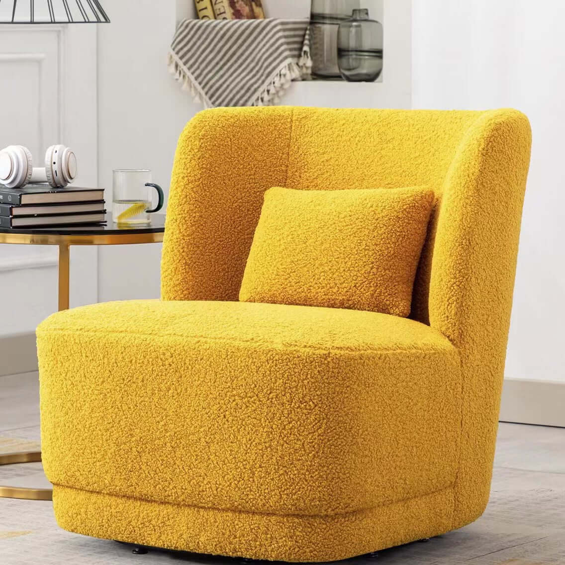 Nordic Swivel Boucle Sherpa Chair - Modern Accent Sofa with High Back in White, Blue, Brown & Yellow | Cozy Living Room, Bedroom or Office Seating for Home Decor