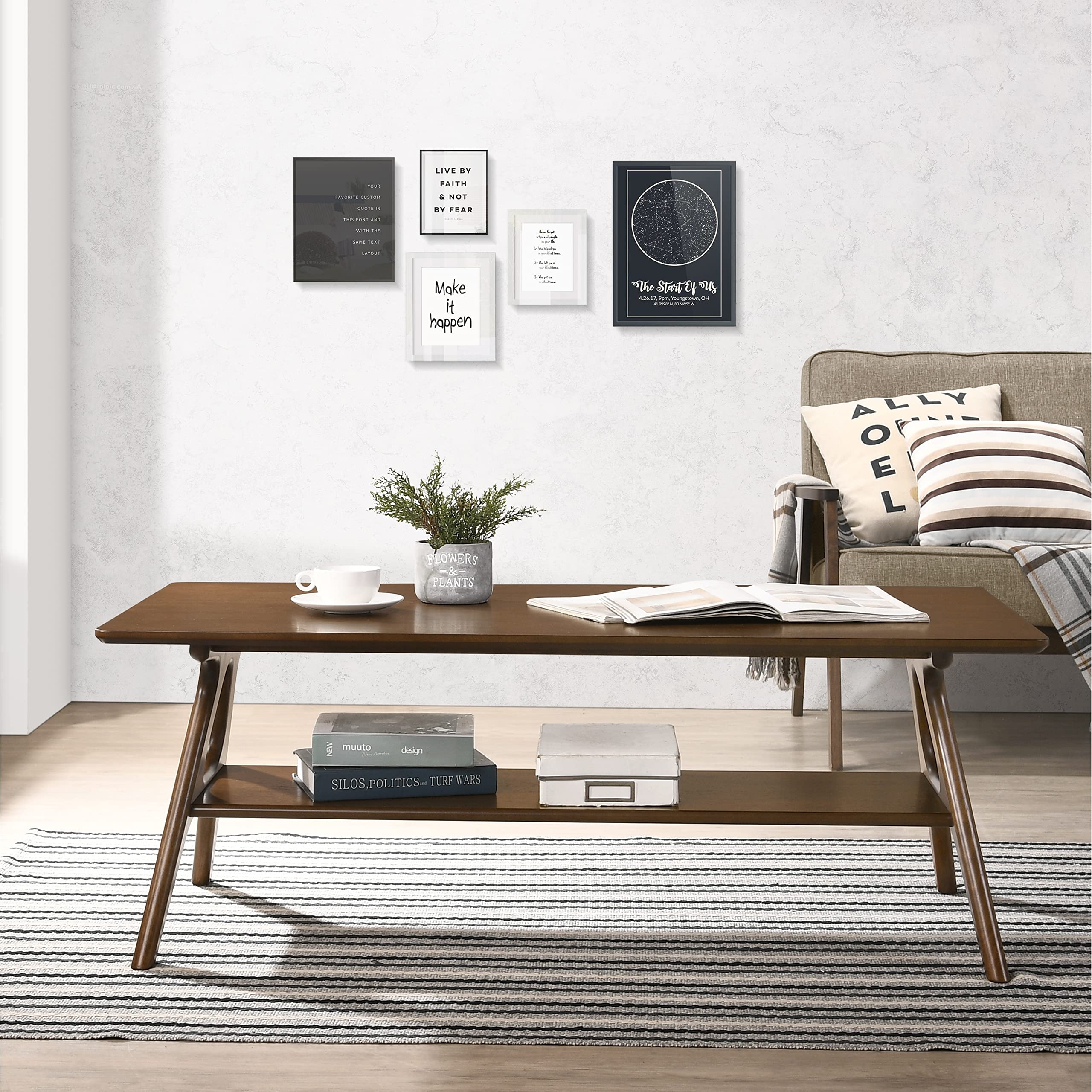 Mid-Century Modern Wood Coffee Table with Shelf - Rectangular Walnut Finish Brown - Perfect for Living Room, Lounge & Home Office Decor