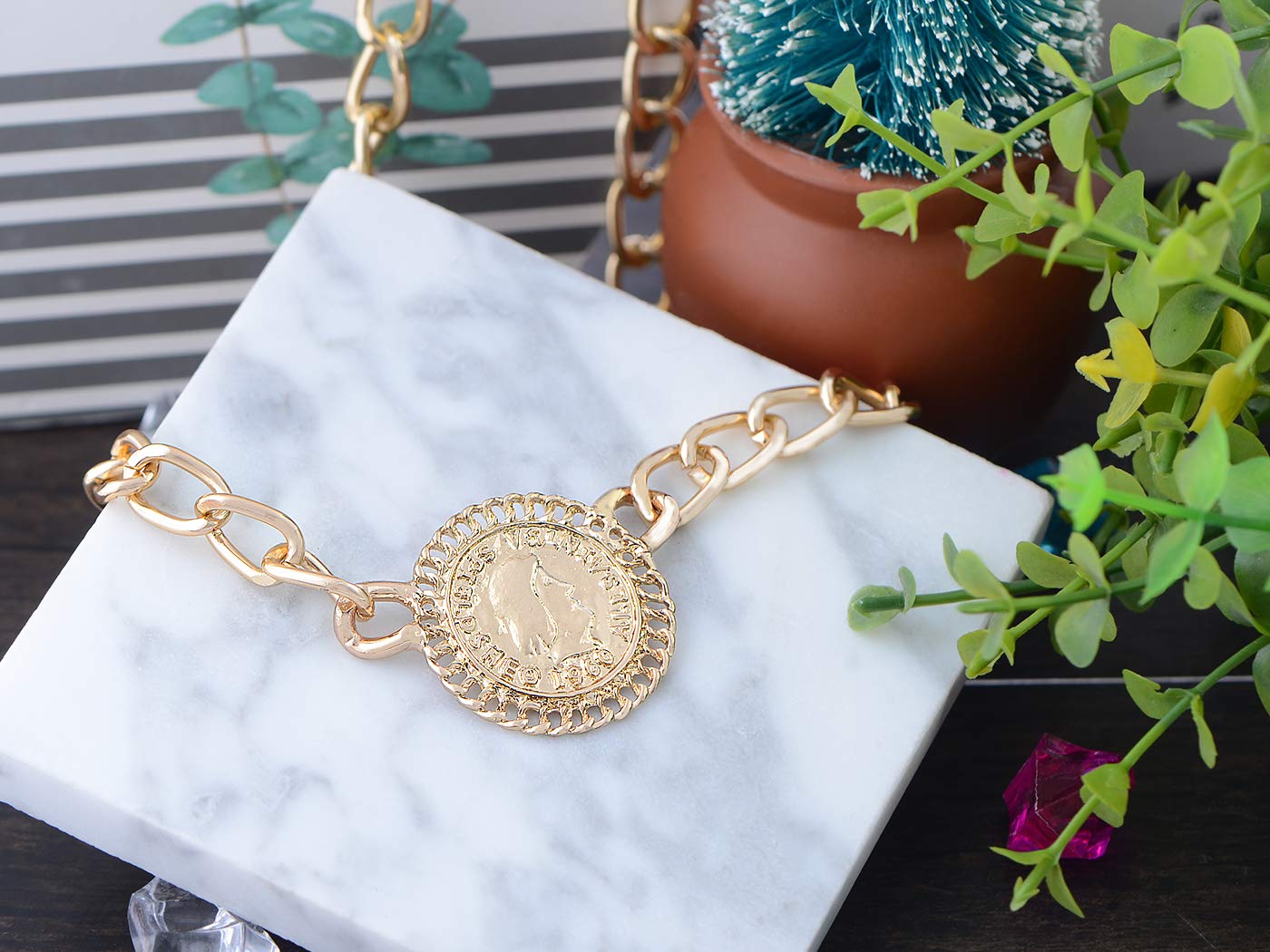 Alilang 14K Gold Plated Dollar Coin Bling Chain Link Pendant Necklace for Women - Urban Fashion Jewelry Gift for Birthday, Anniversary & Party