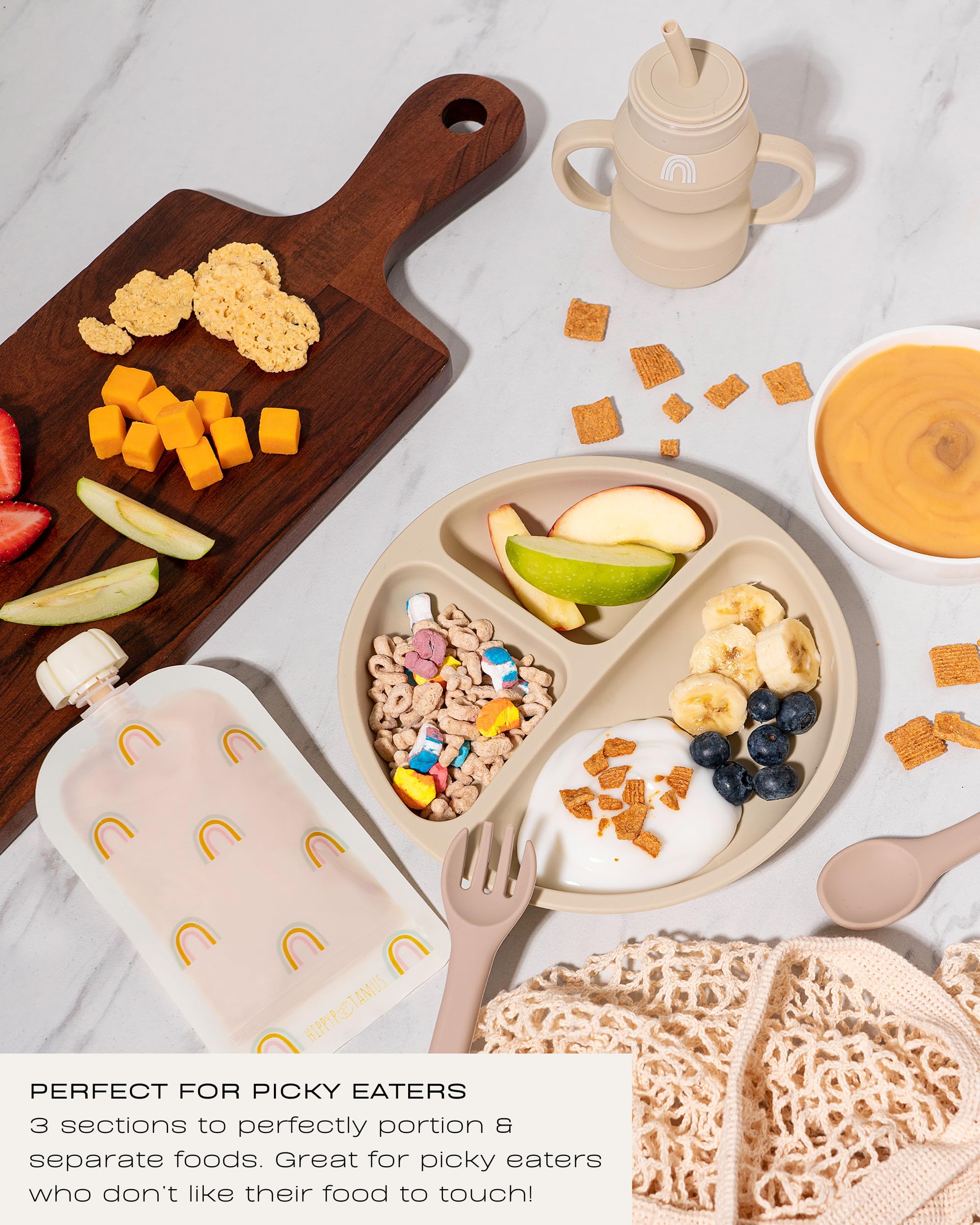 Hippypotamus Toddler Plates with Suction - 100% Food-Grade Silicone Baby Plates with Lids - Microwave & Dishwasher Safe - BPA Free - Set of 3 (Fog/Nude/Sage) - Perfect for Home, Daycare & Travel Feeding