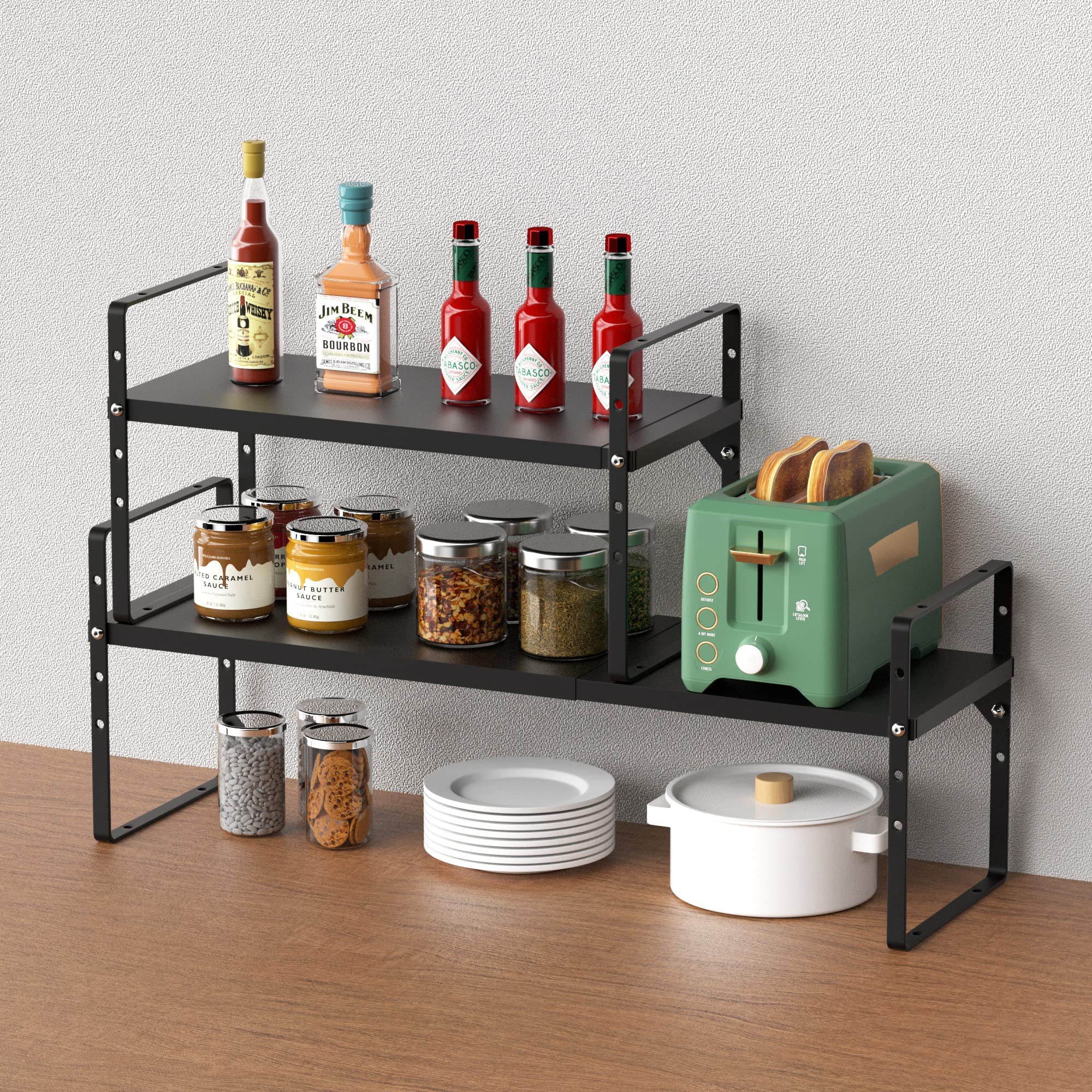 Expandable Kitchen Shelf Organizers 2 Pack - Stackable Pantry Storage & Spice Riser Rack for Cupboard, Counter, Garage | Space-Saving Cabinet Organizer for Kitchen, Bathroom & Home Organization