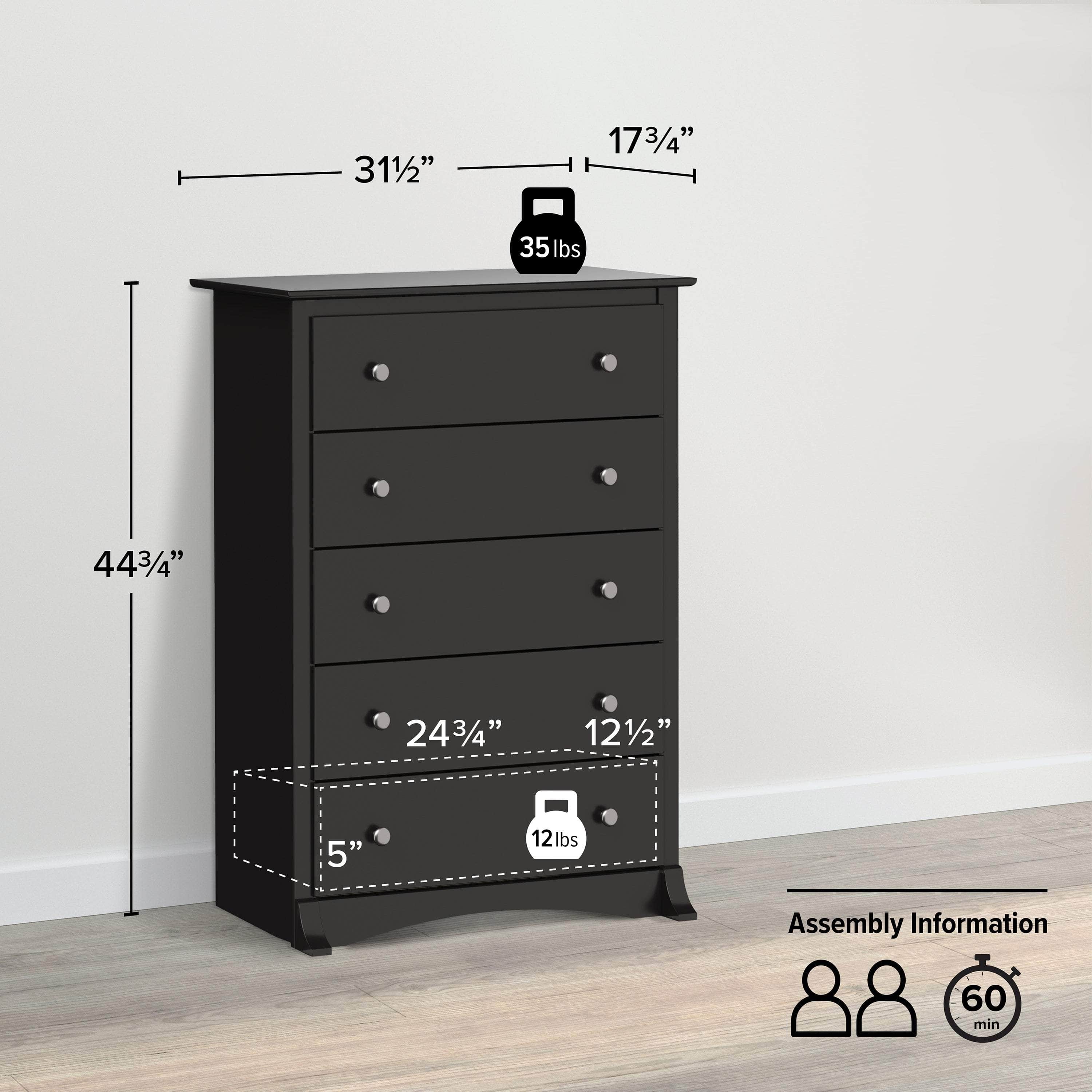 Sonoma 5-Drawer Dresser Chest - White, Black, Gray, Blue & Beige | Bedroom Storage Organizer for Clothes & Accessories