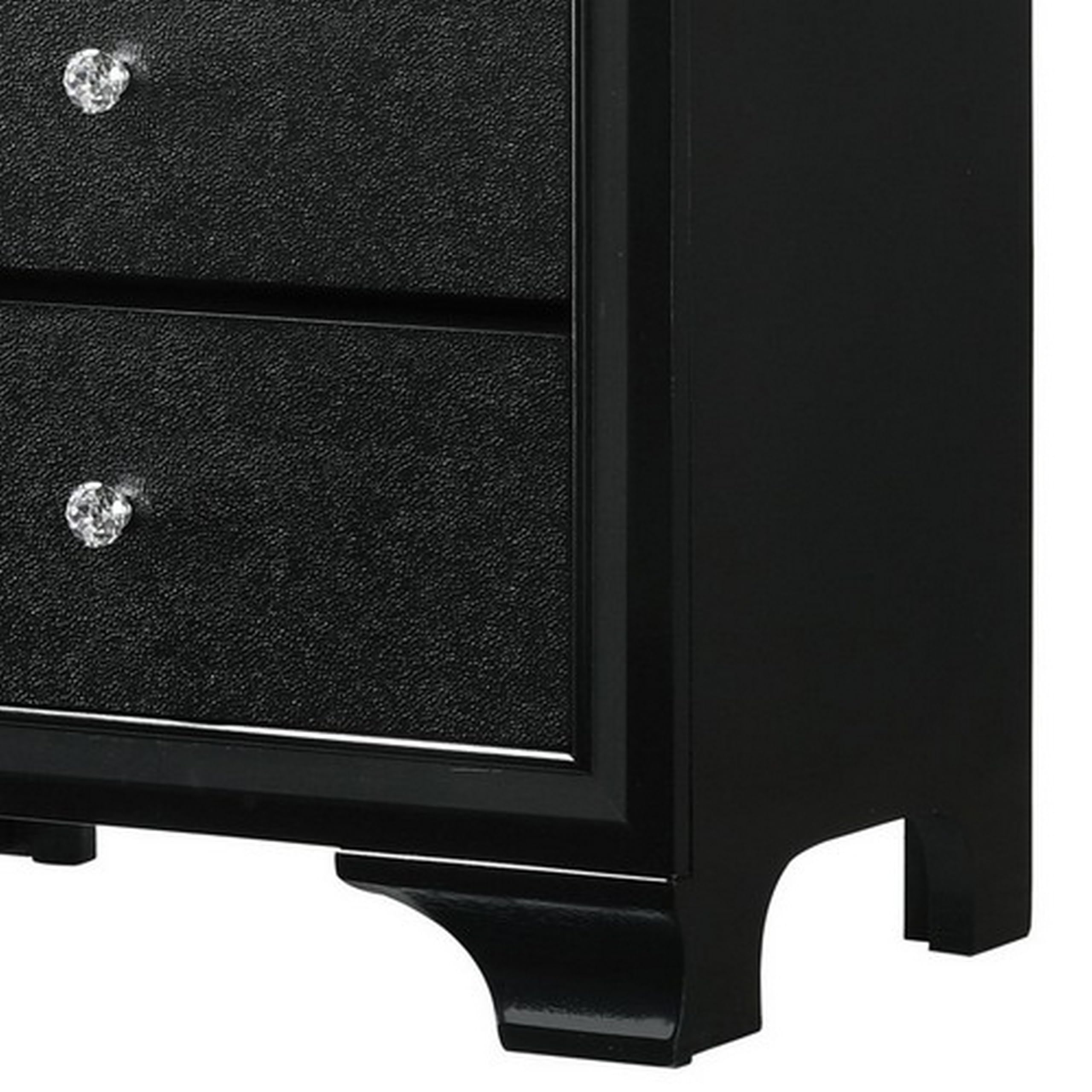Benjara 2 Drawer Wooden Nightstand with Textured Details and Crystal Pulls - Black Finish for Bedroom, Living Room, or Guest Room - Stylish and Functional Bedside Table with Storage