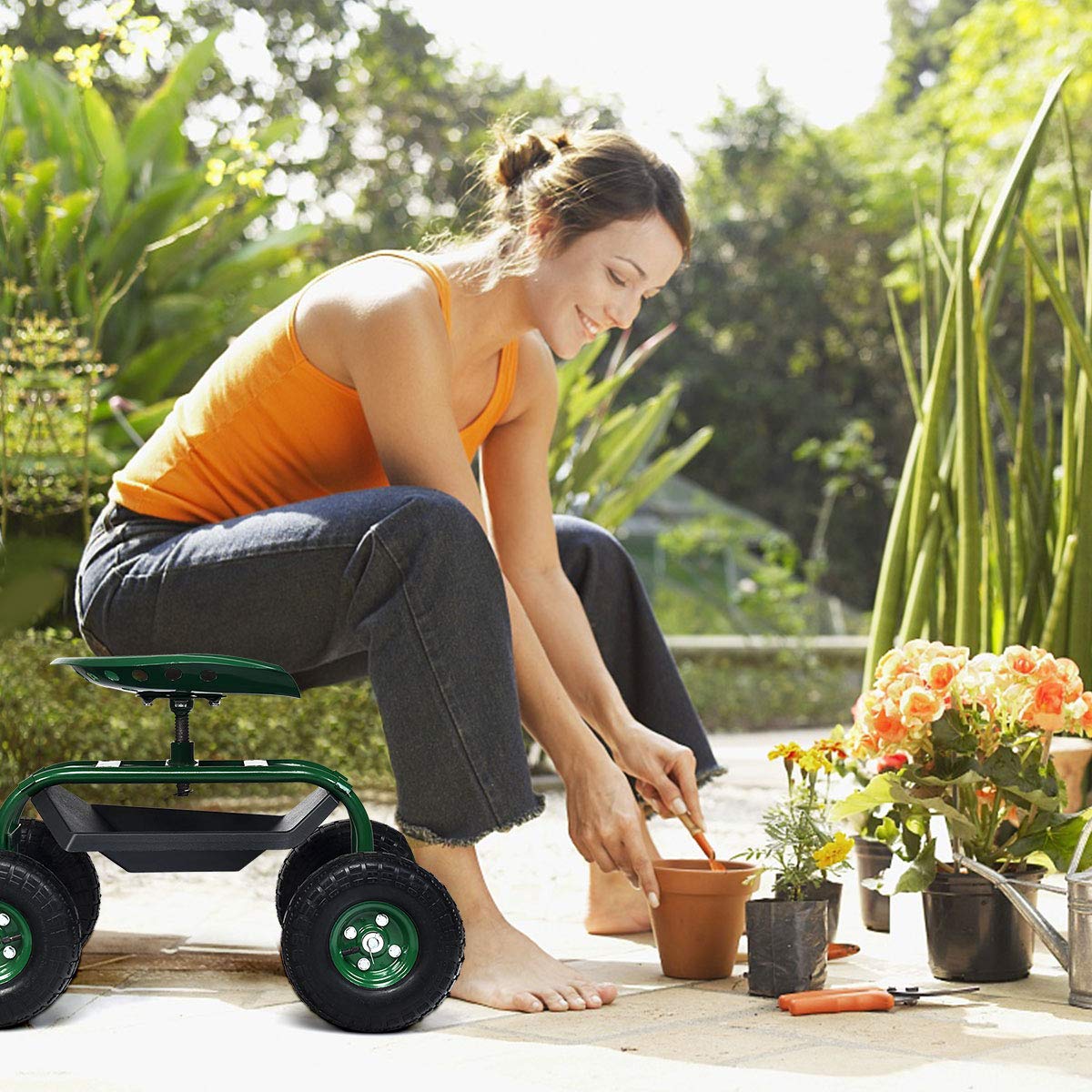 Heavy Duty Garden Cart with Seat & Wheels - Planting & Gardening Work Cart