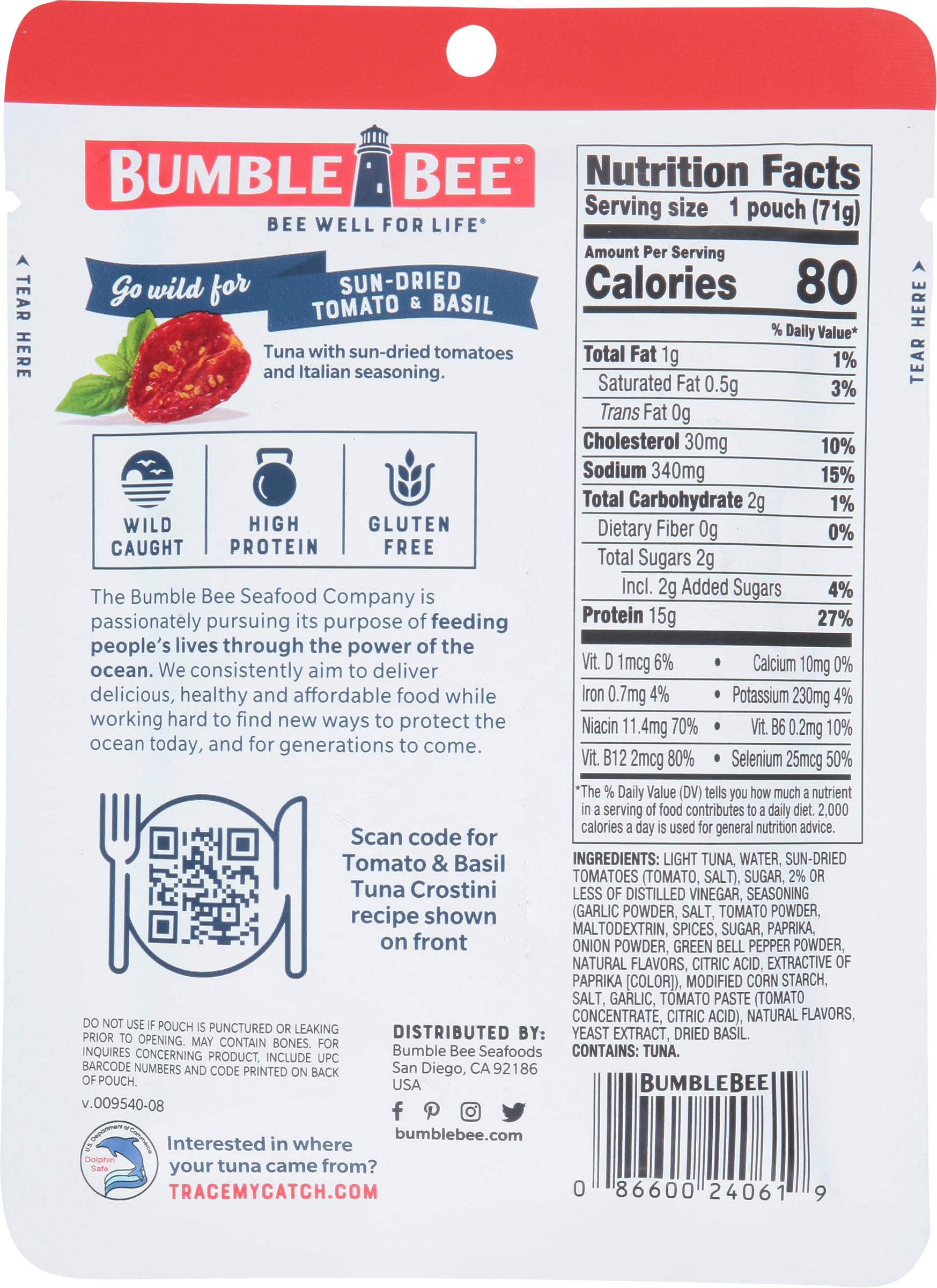 Bumble Bee Sun-Dried Tomato & Basil Seasoned Tuna Pouch, 2.5 oz - Wild Caught, Ready to Eat, High Protein (15g per Serving), Gluten Free - Perfect for Salads, Sandwiches, and On-the-Go Snacks