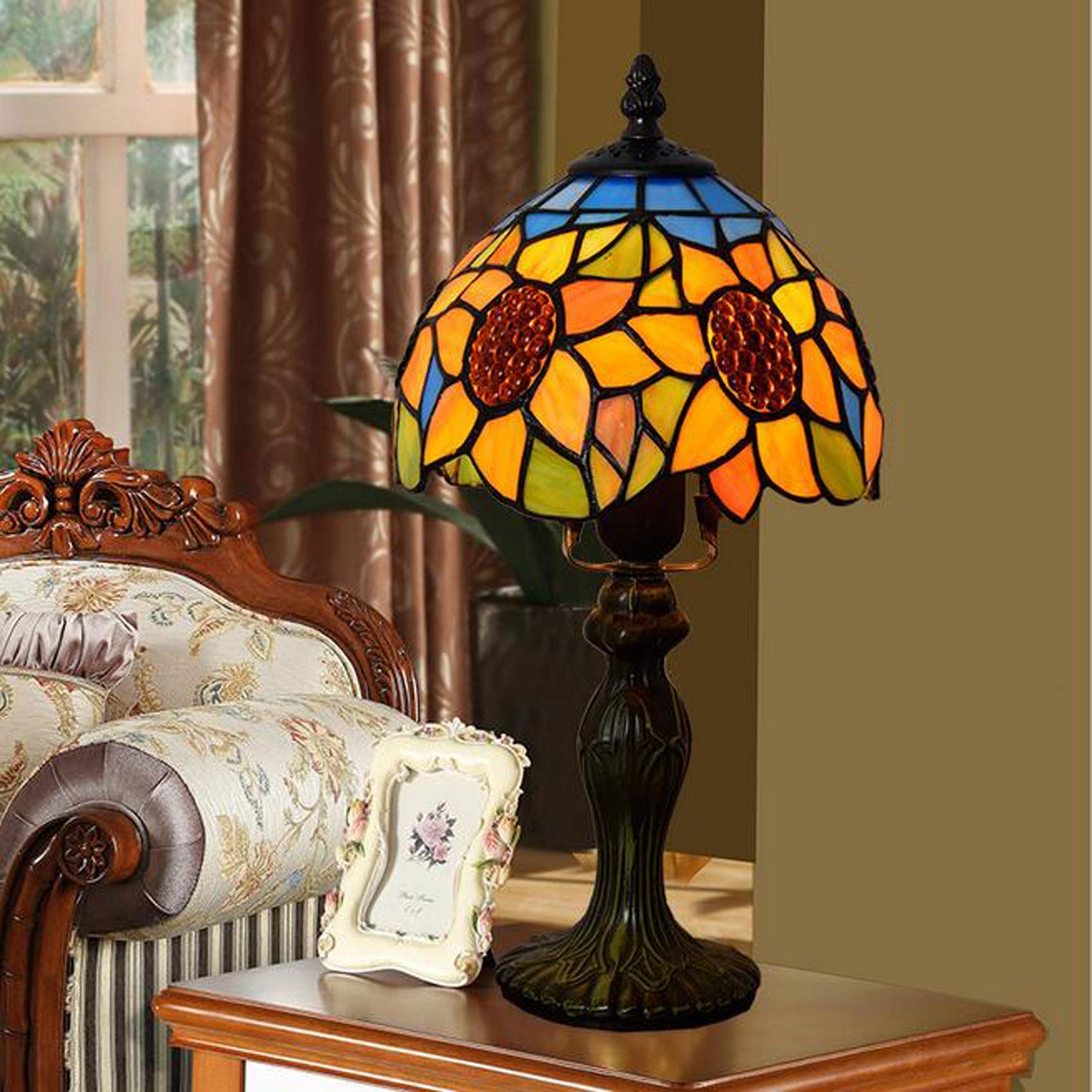 Tiffany Style Sunflower Table Lamp - 14.17 Inch Stained Glass Desk Light with 8 Inch Vintage Shade - Perfect for Bedroom, Living Room, Office & Dorm Decor