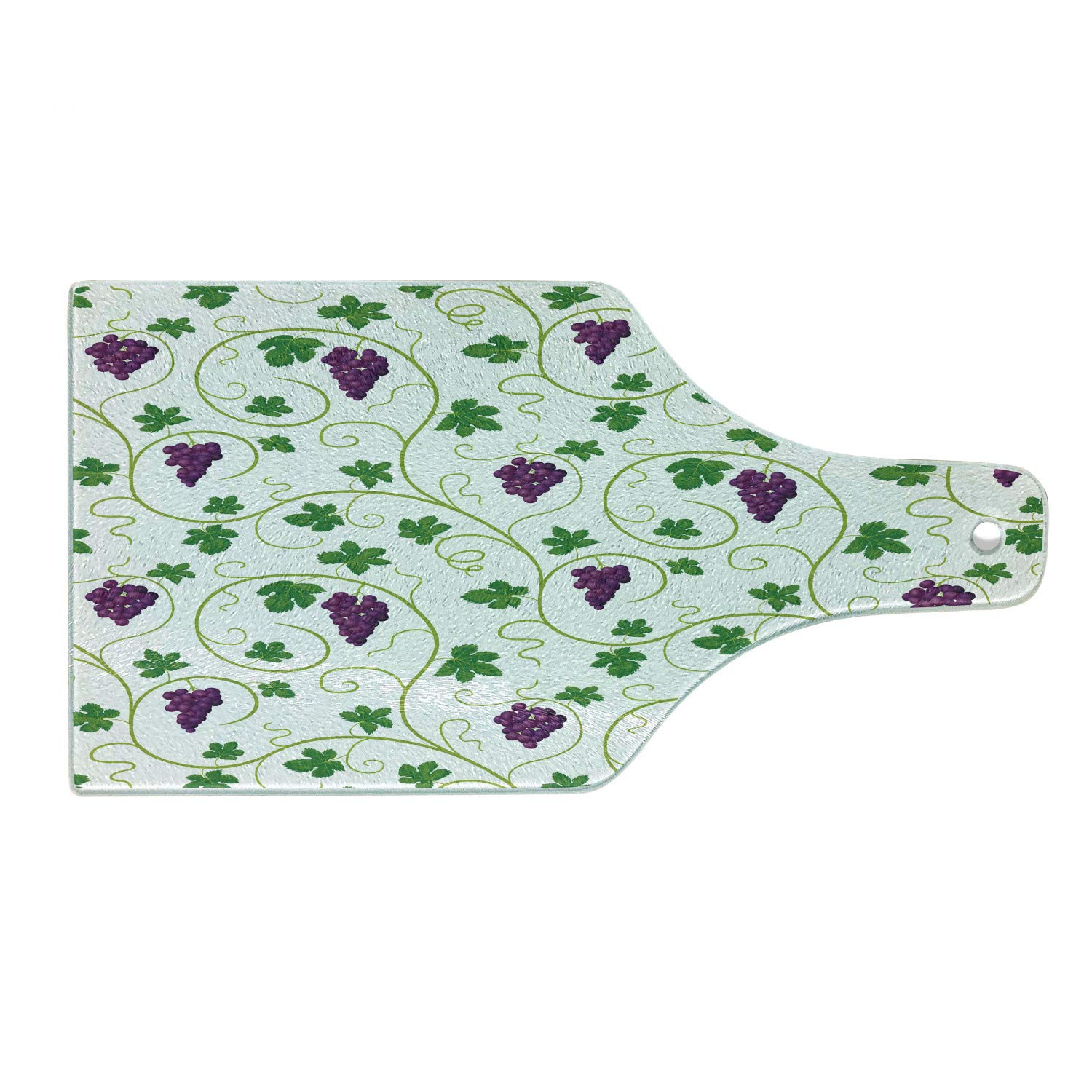 Lunarable Vine Tempered Glass Cutting Board - Green Leaves Swirls Grapes Design, Country Life Style Serving Board for Cheese, Charcuterie & Appetizers (Wine Bottle Shape, Purple Green White)